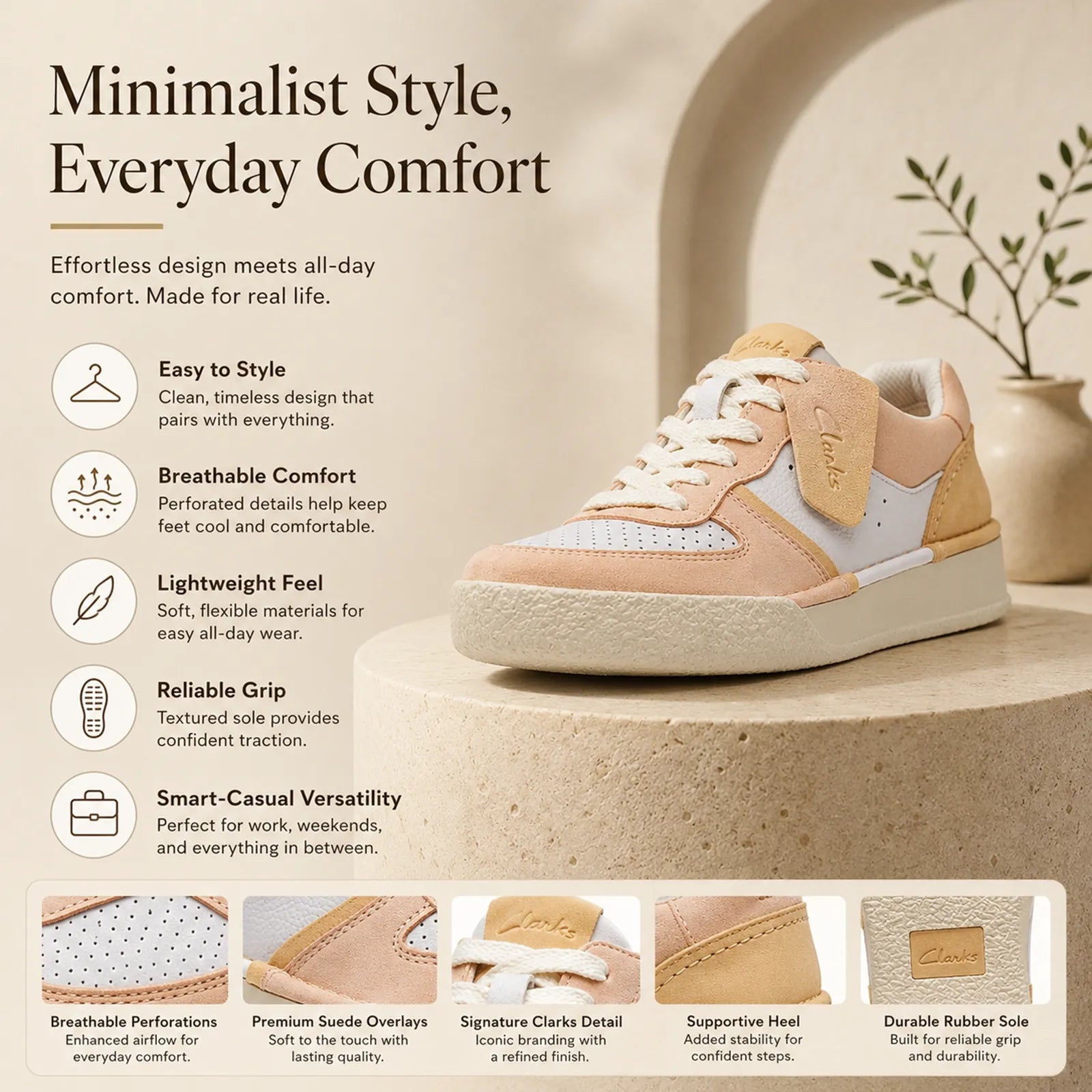 Women’s sneakers on a product graphic showing pale peach, white, and comfort details
