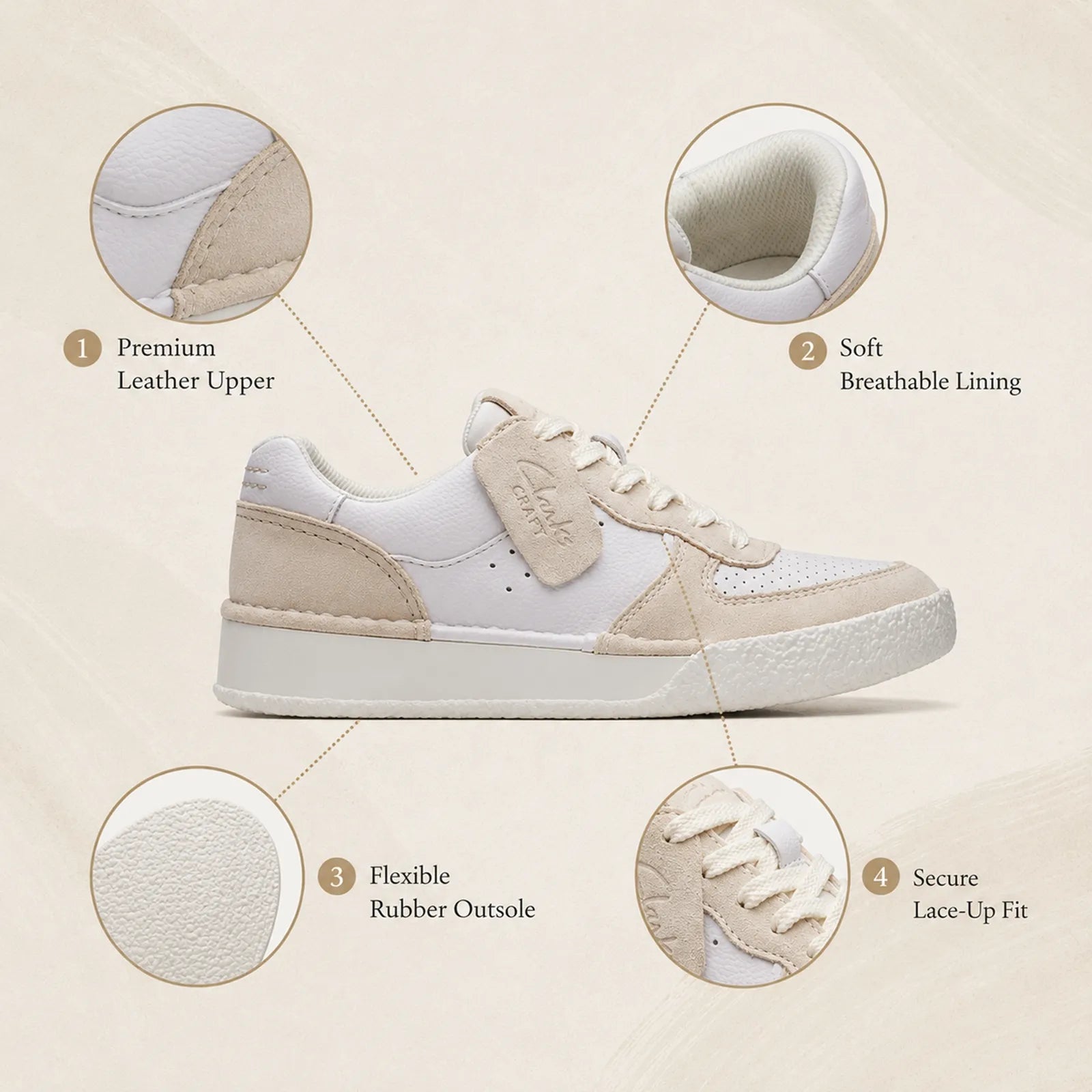 Women's lace-up sneakers with pale peach upper, beige suede panels, and white rubber sole