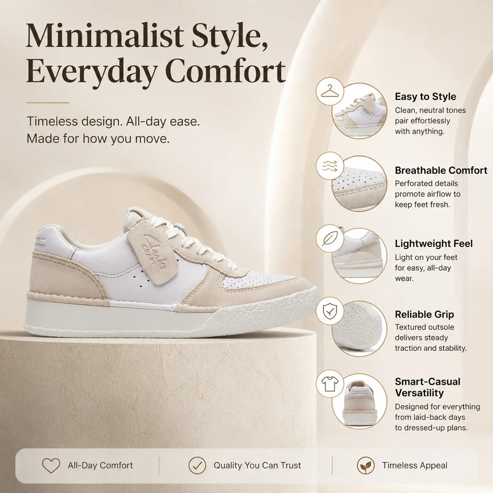 Women's lace-up sneakers in pale peach with beige accents and low-profile rubber outsole