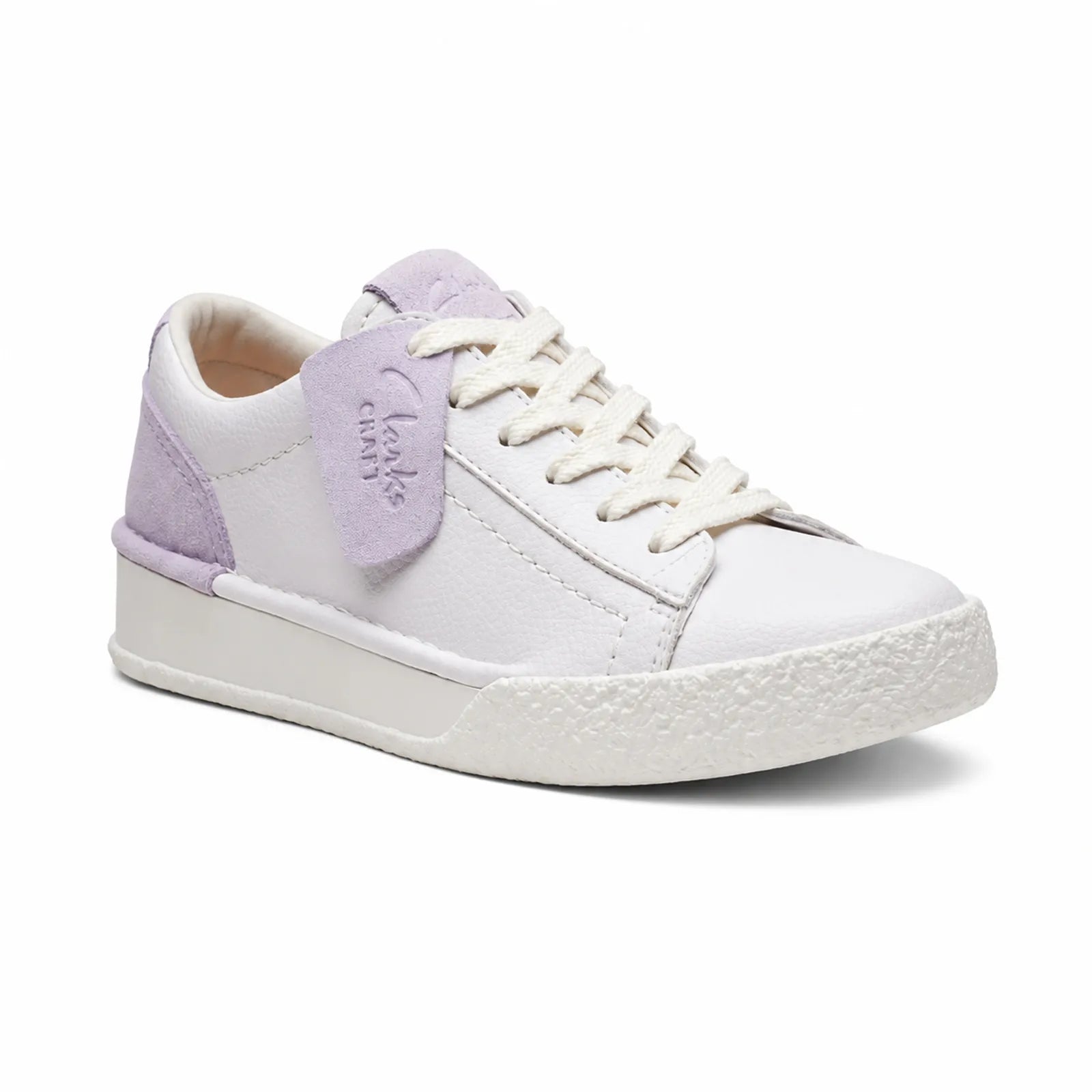White and lilac leather lace-up sneaker with lilac tongue and low rubber sole