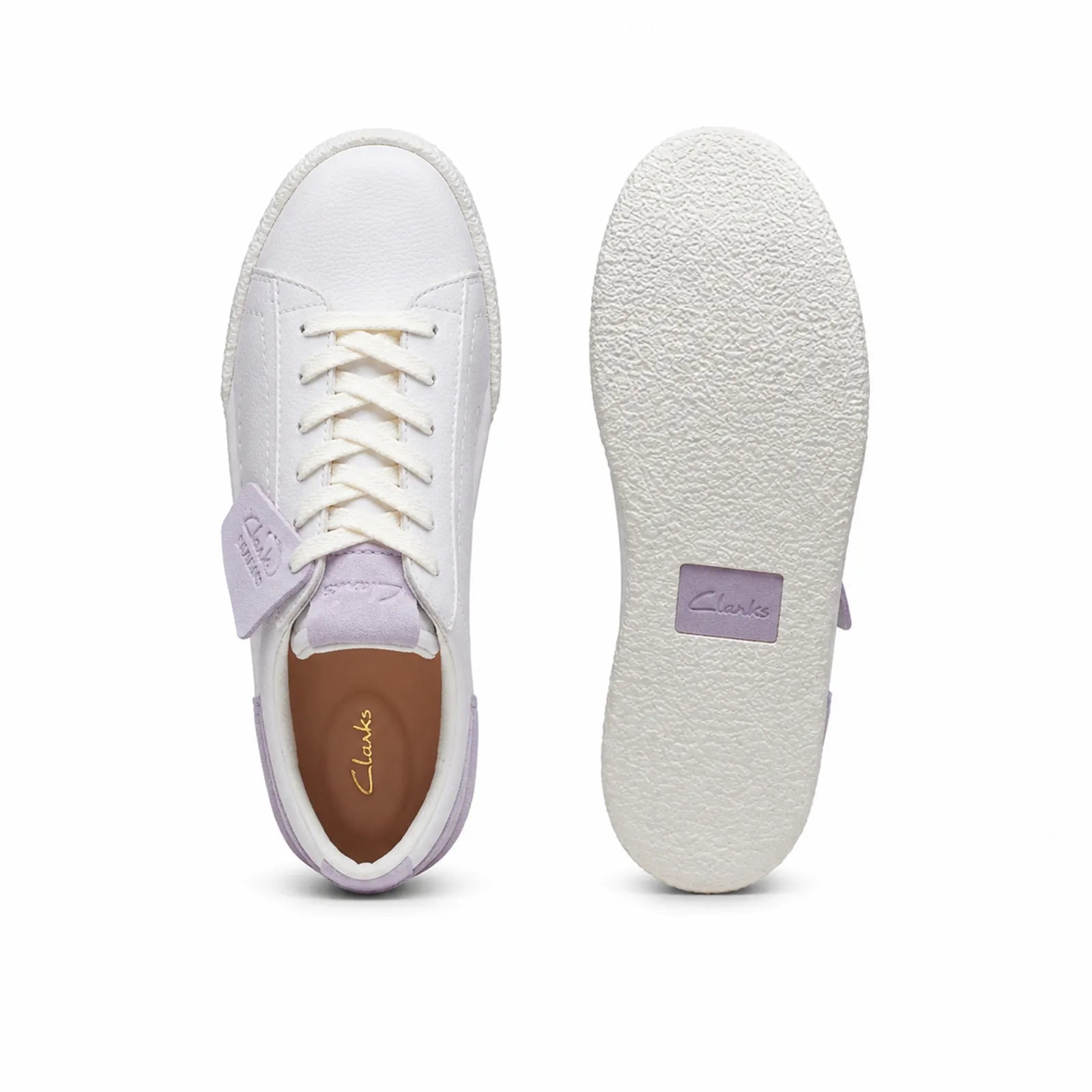 White and lilac sneaker pair view: front, heel, and outsole underside