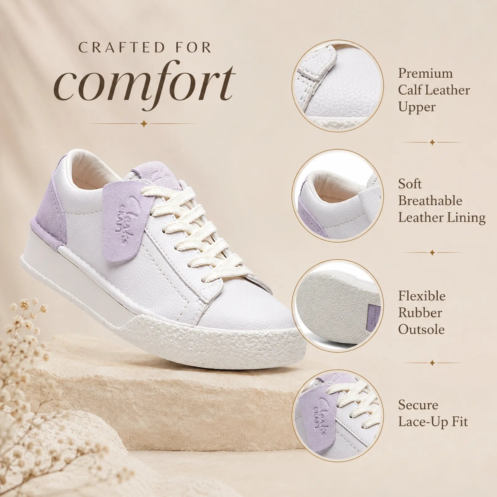 Women’s white leather sneakers, lilac accents, lace-up, cushioned sole