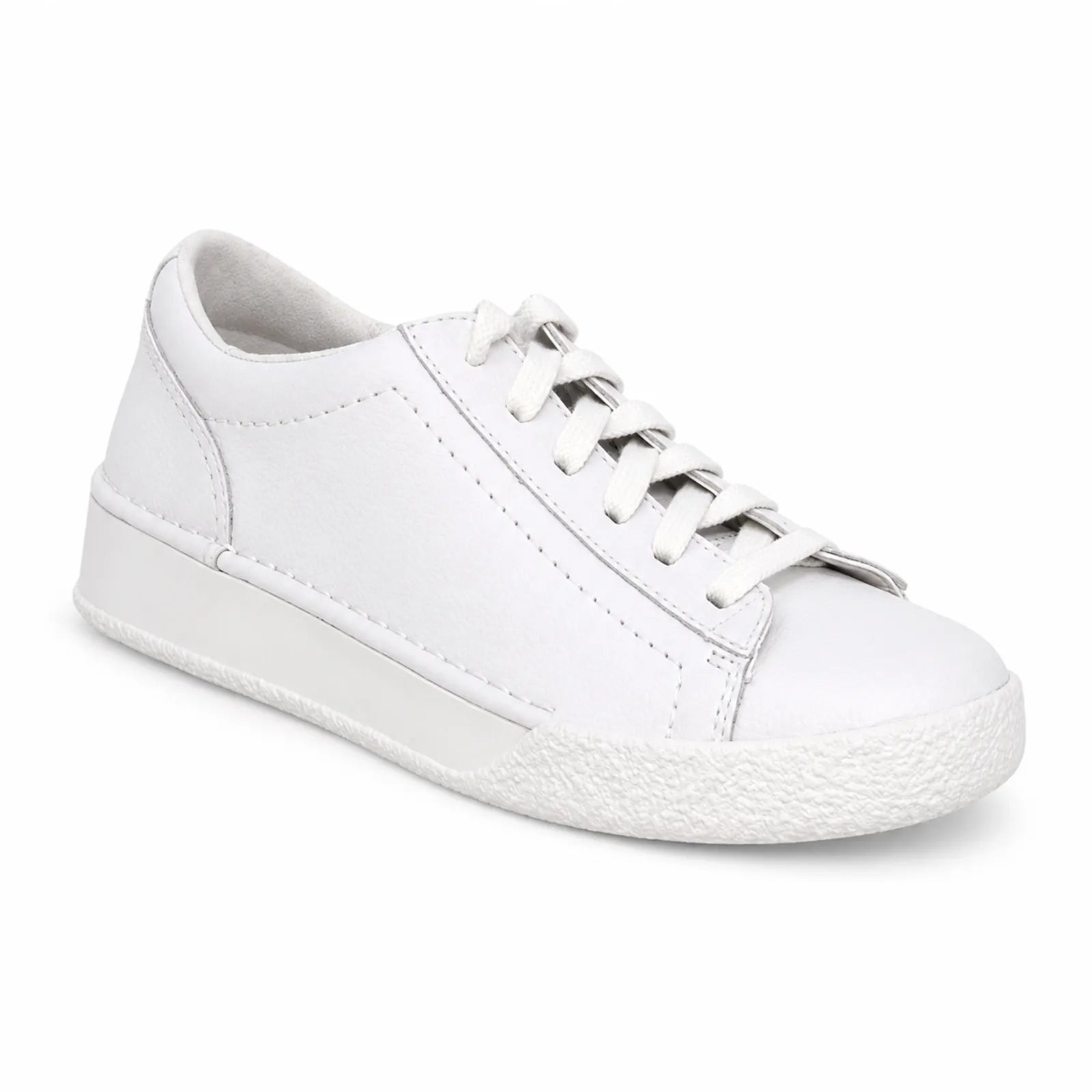 White leather lace-up sneaker with low-profile rubber sole and side stitch detail