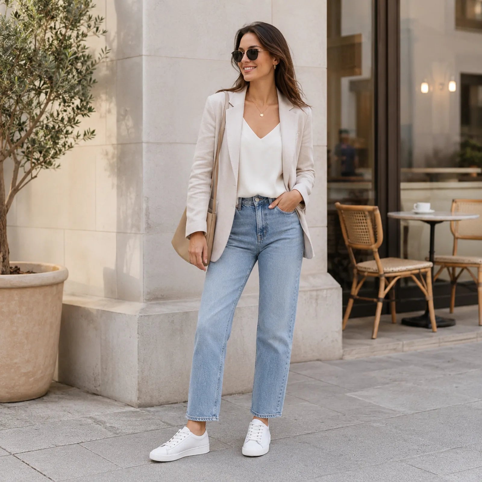 White leather lace-up sneakers worn with jeans and a light blazer