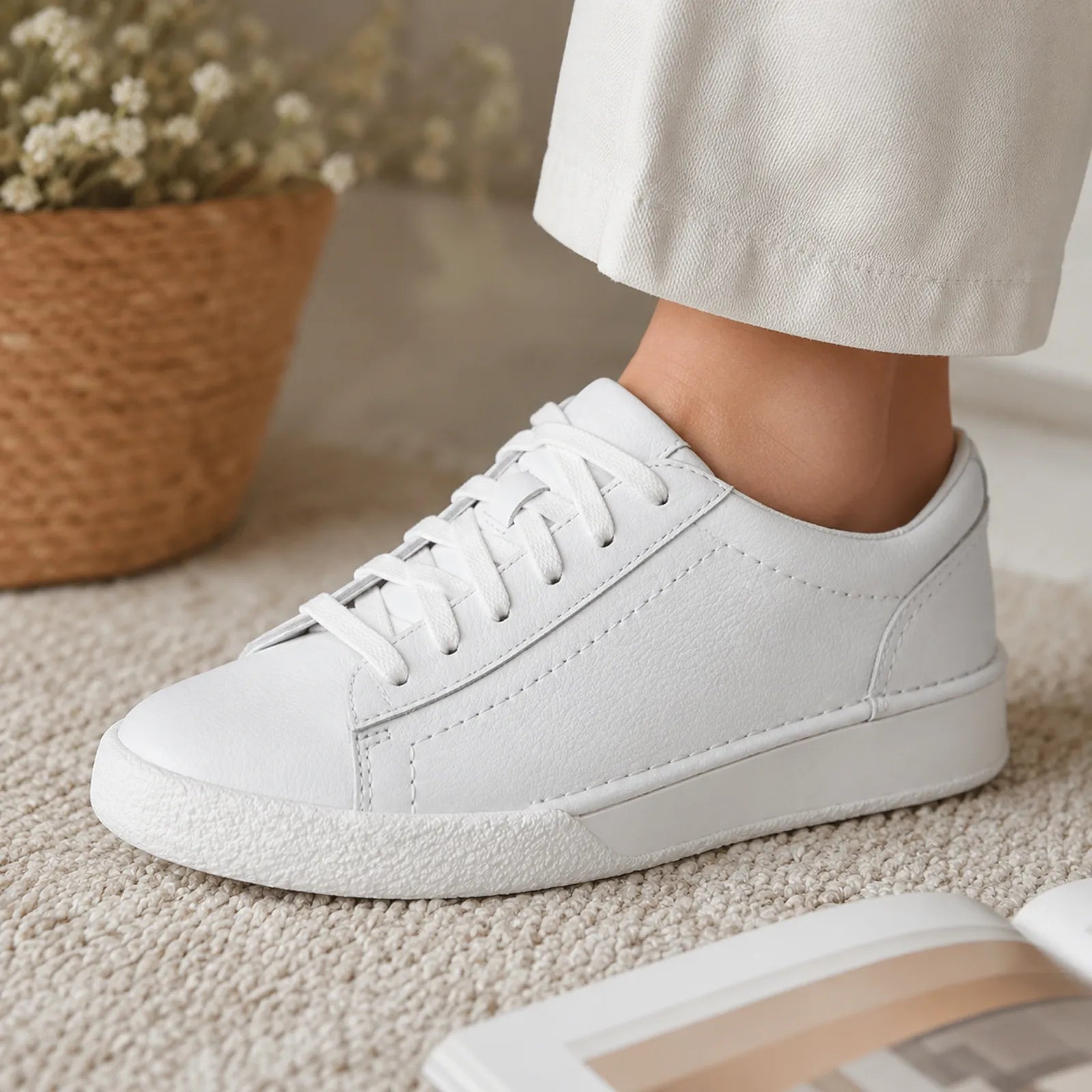 White leather lace-up sneaker close-up with textured rubber sole
