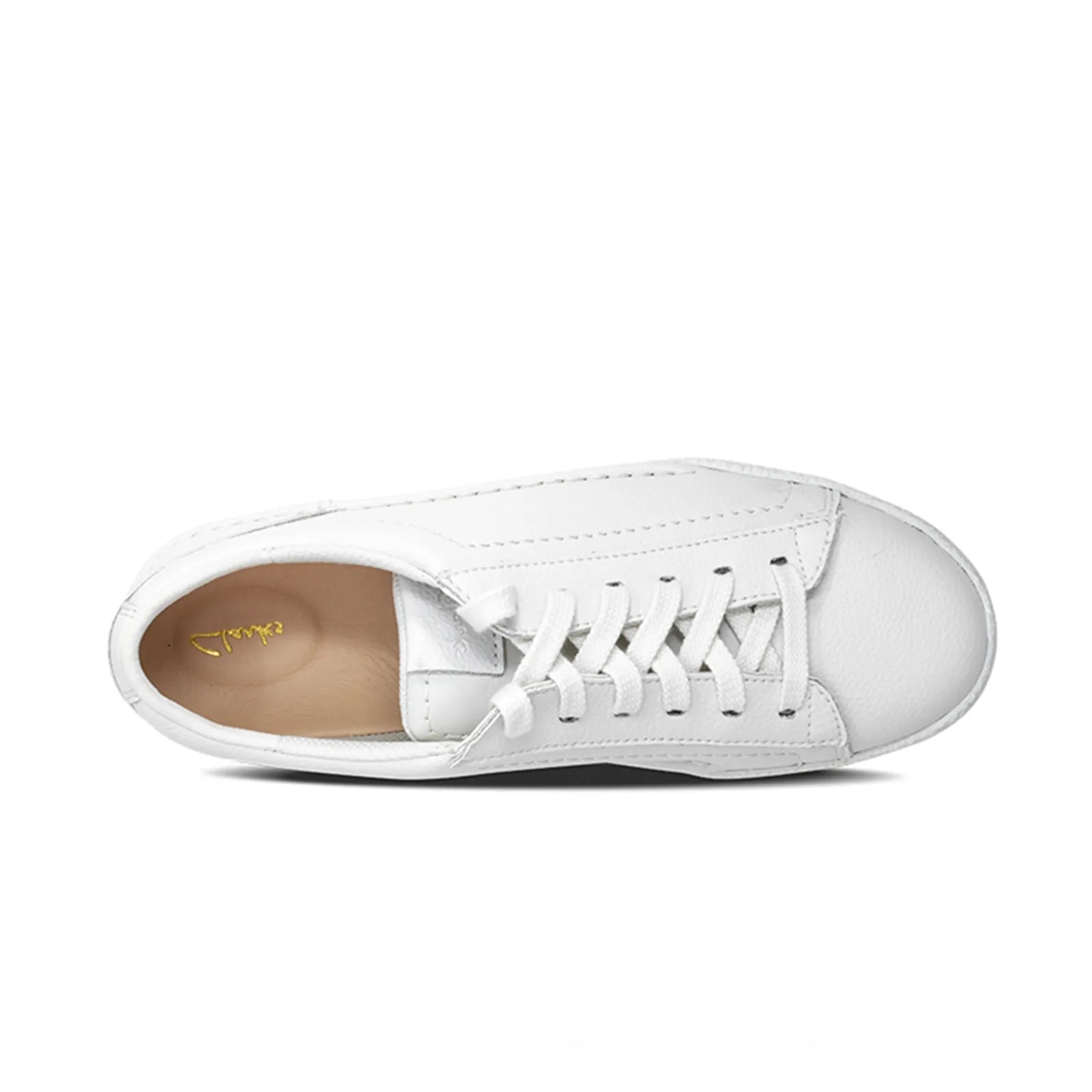 White leather lace-up sneaker front view with interior lining visible