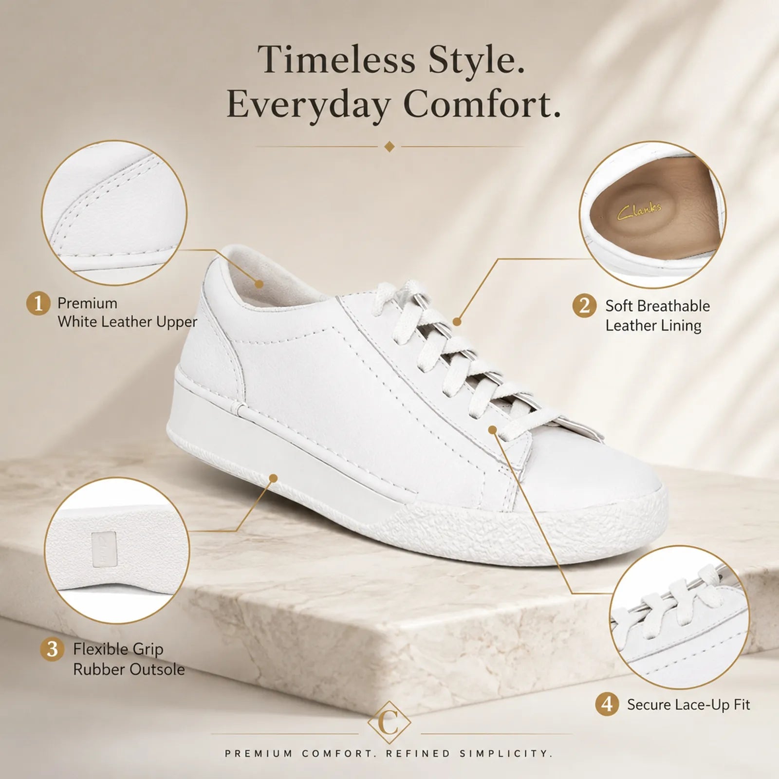 White leather lace-up sneaker on a platform, showing upper and outsole