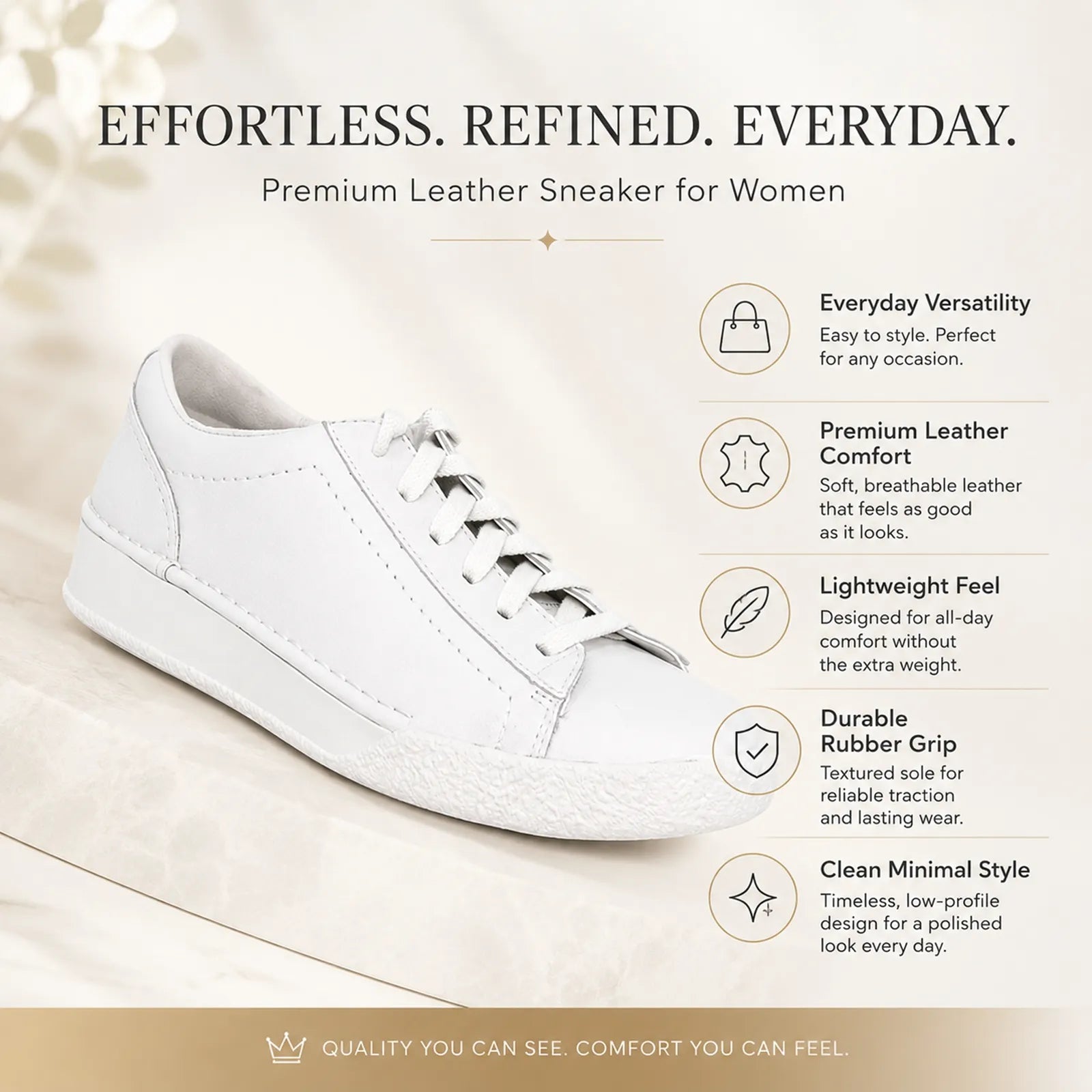 White leather lace-up sneaker displayed for everyday comfort