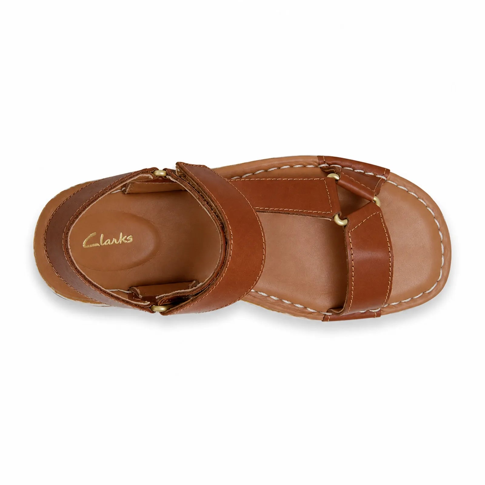 Women’s brown leather sandals with open toe, stitched straps, and cushioned footbed