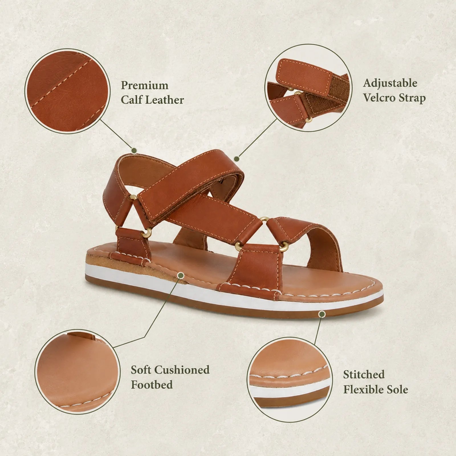 Women’s brown leather sandals with adjustable Velcro strap and stitched flexible sole