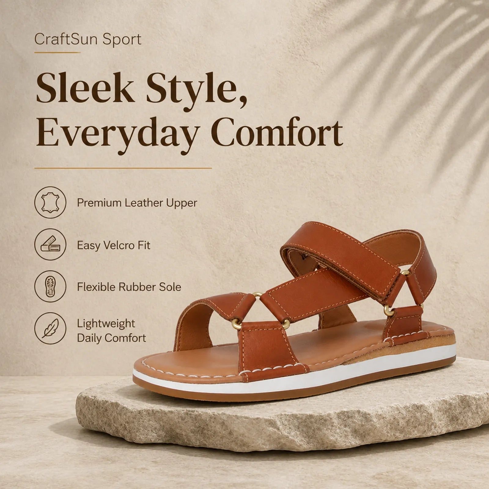 Women’s brown sport sandals with Velcro closure, stitched details, and rubber outsole