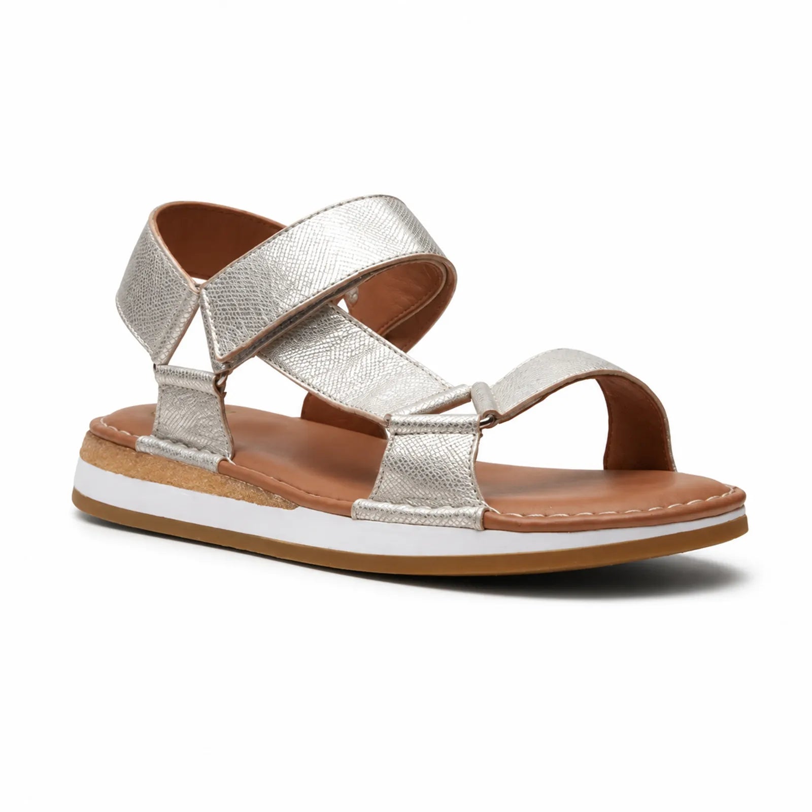 Women's sport sandals, silver leather straps with adjustable buckle and cushioned sole