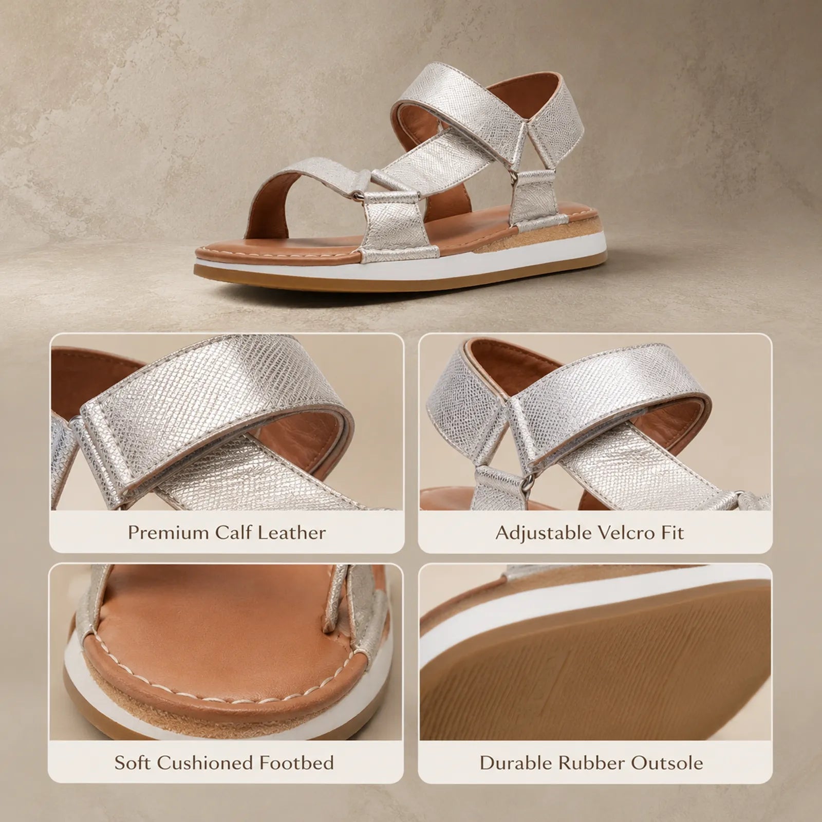 Women’s silver sport sandals with adjustable Velcro straps and cushioned footbed
