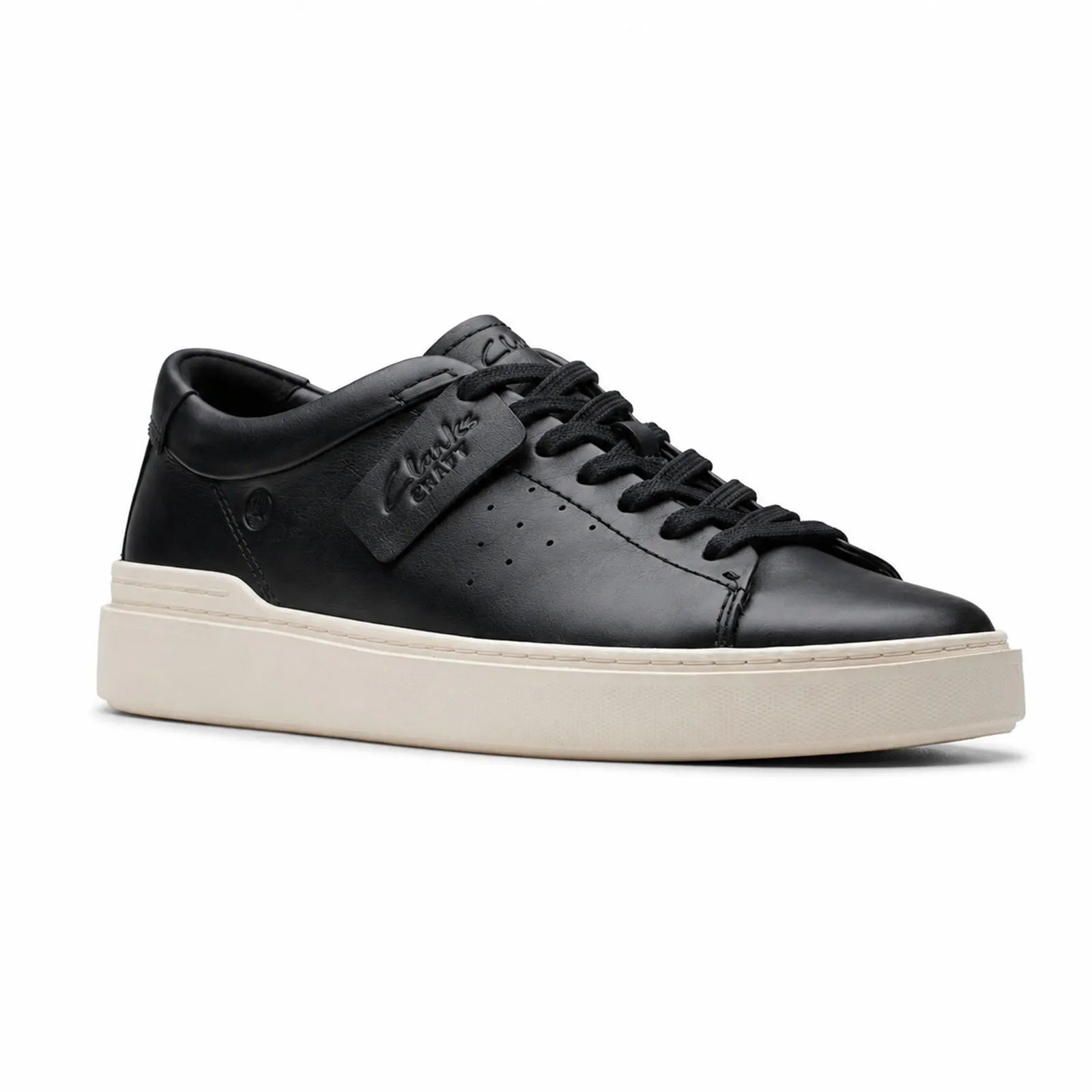 Men's black leather lace-up sneakers with white rubber sole, low-top.