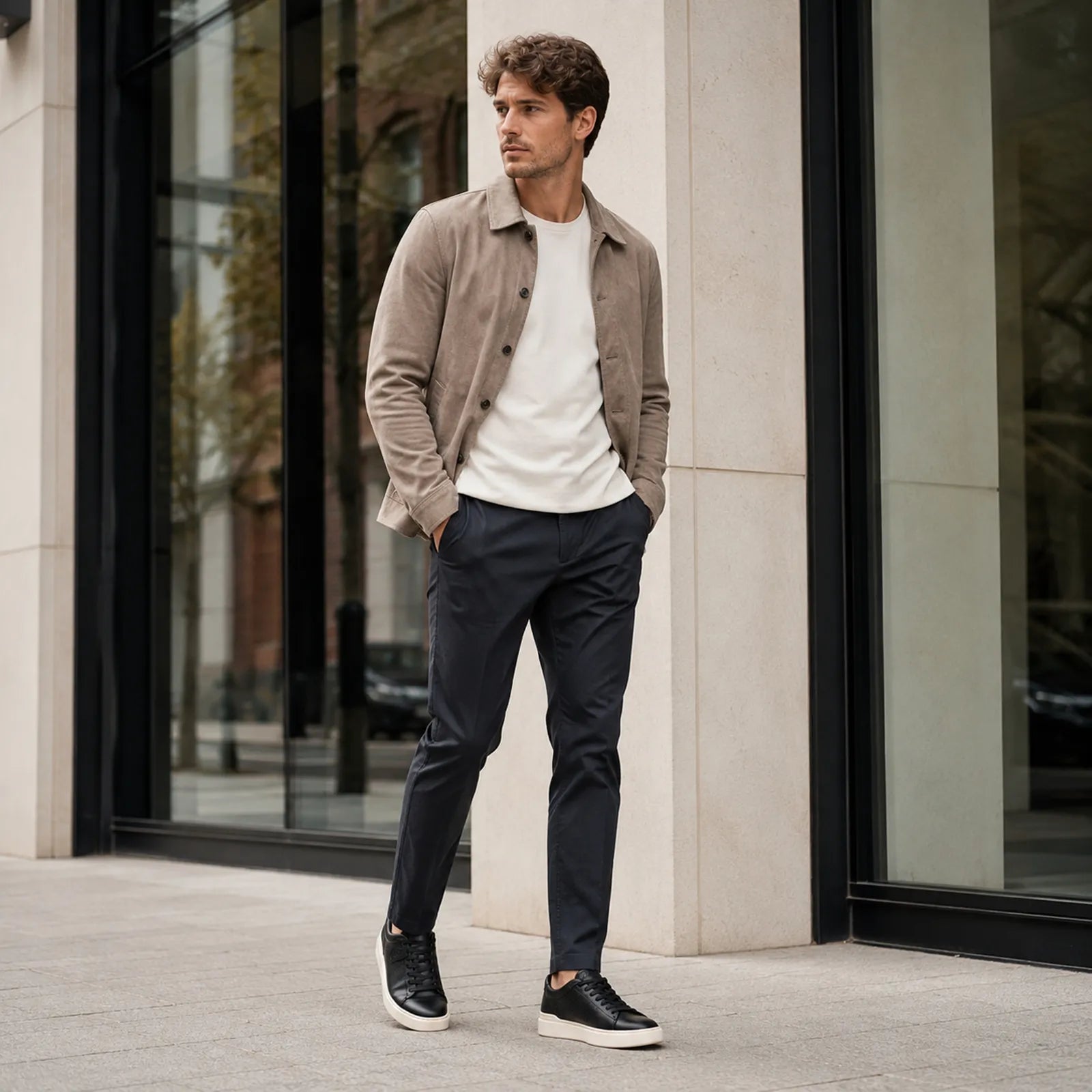 Men's black leather sneakers on feet, low-top lace-up with white sole.