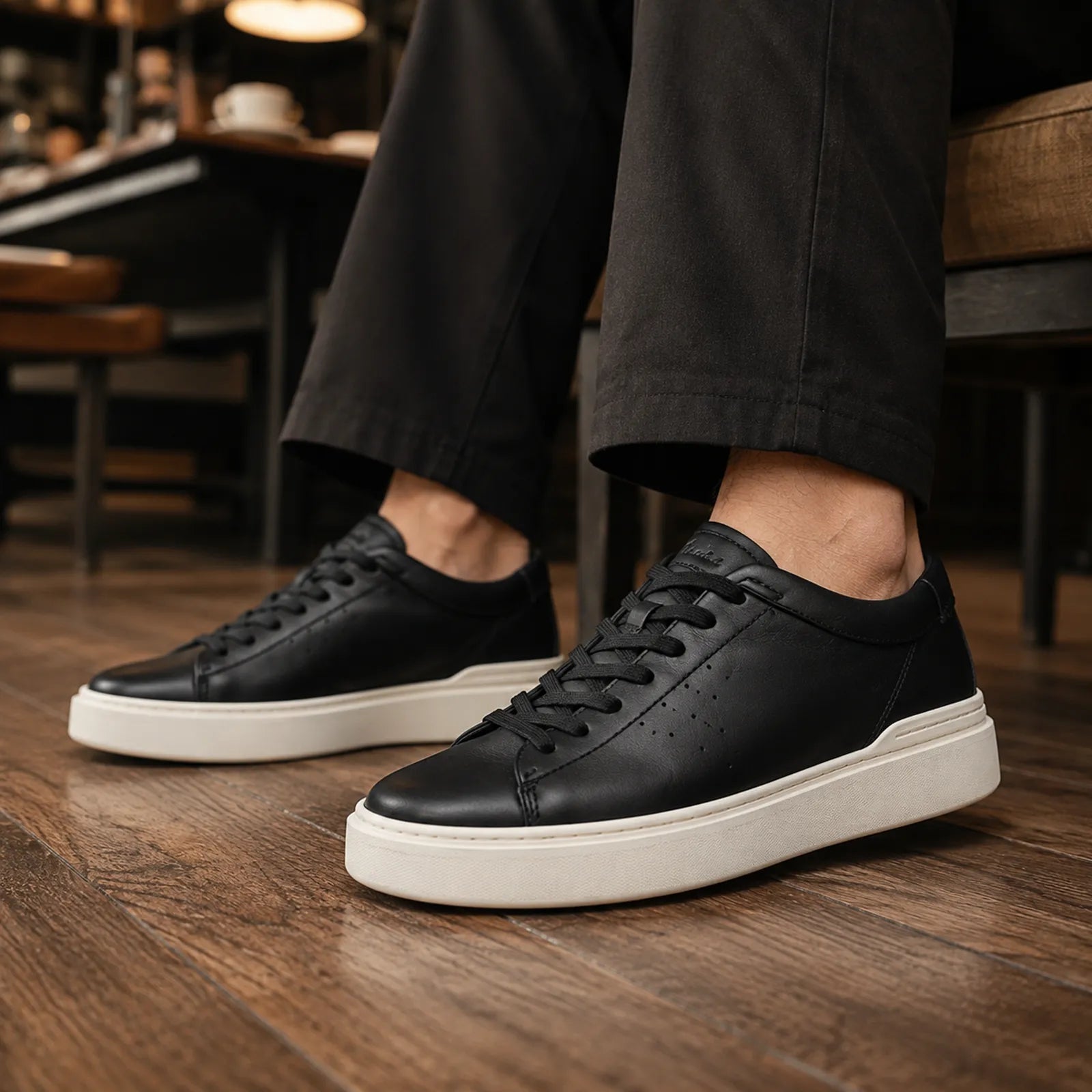 Black leather lace-up low-top sneakers with white rubber cupsole on feet.