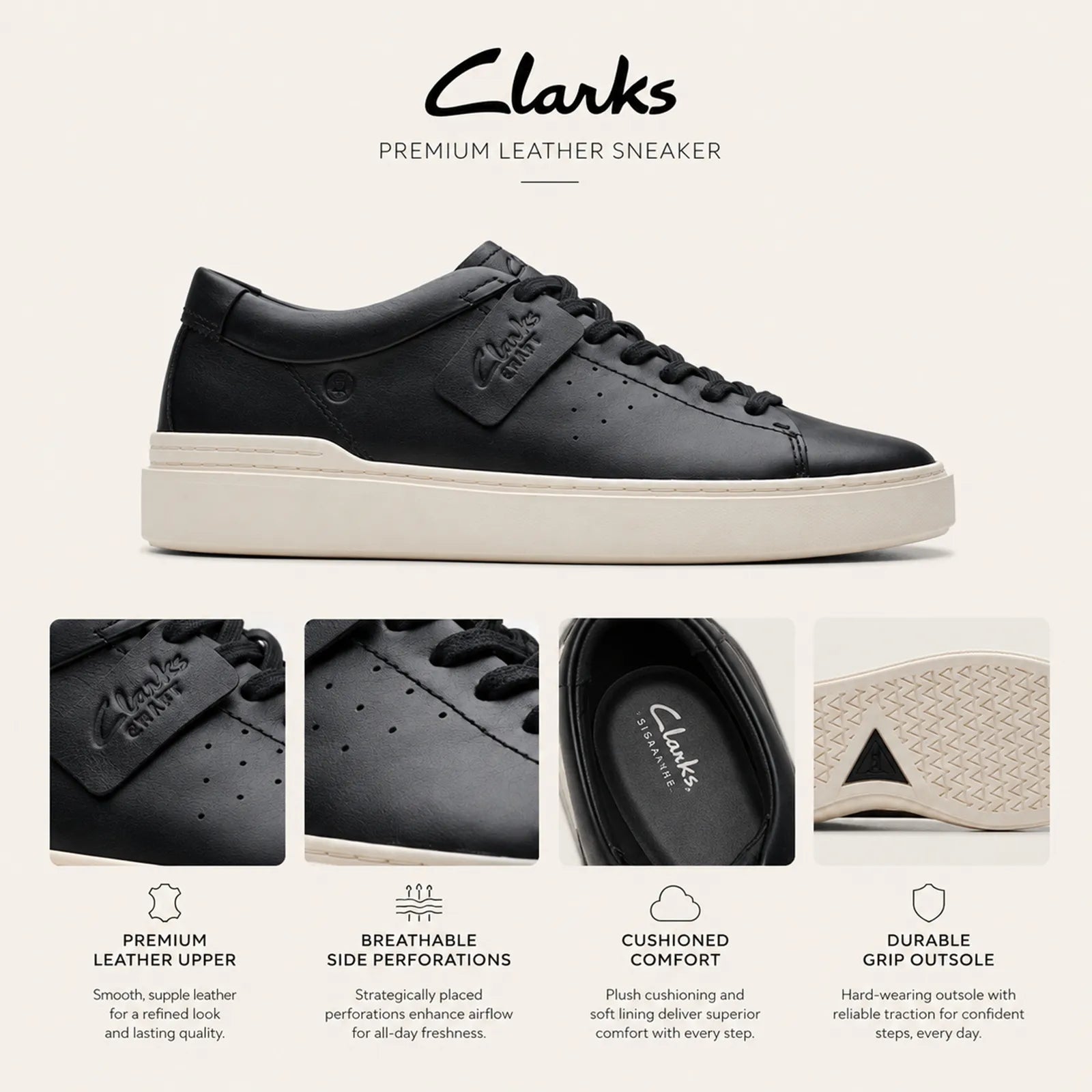 Black leather low-top lace-up sneaker with white rubber sole, side angle.