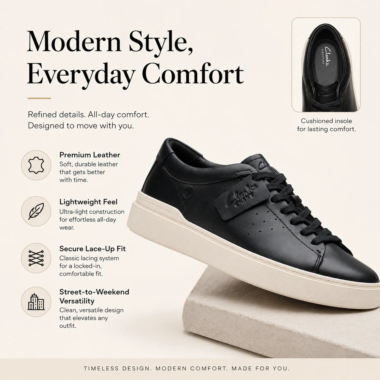 Black leather low-top lace-up sneaker with white rubber sole.