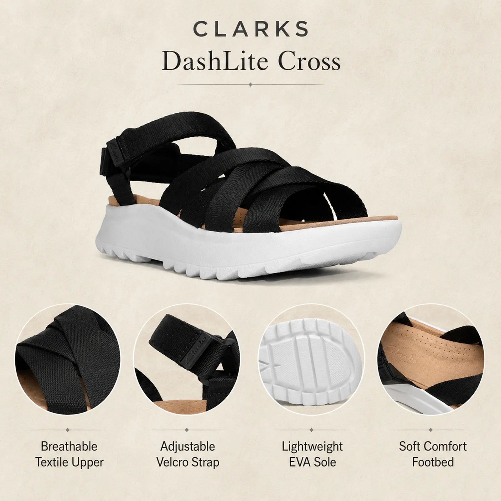 CLARKS DashLite Cross black sandals with cross straps, cushioned white sole, comfort features