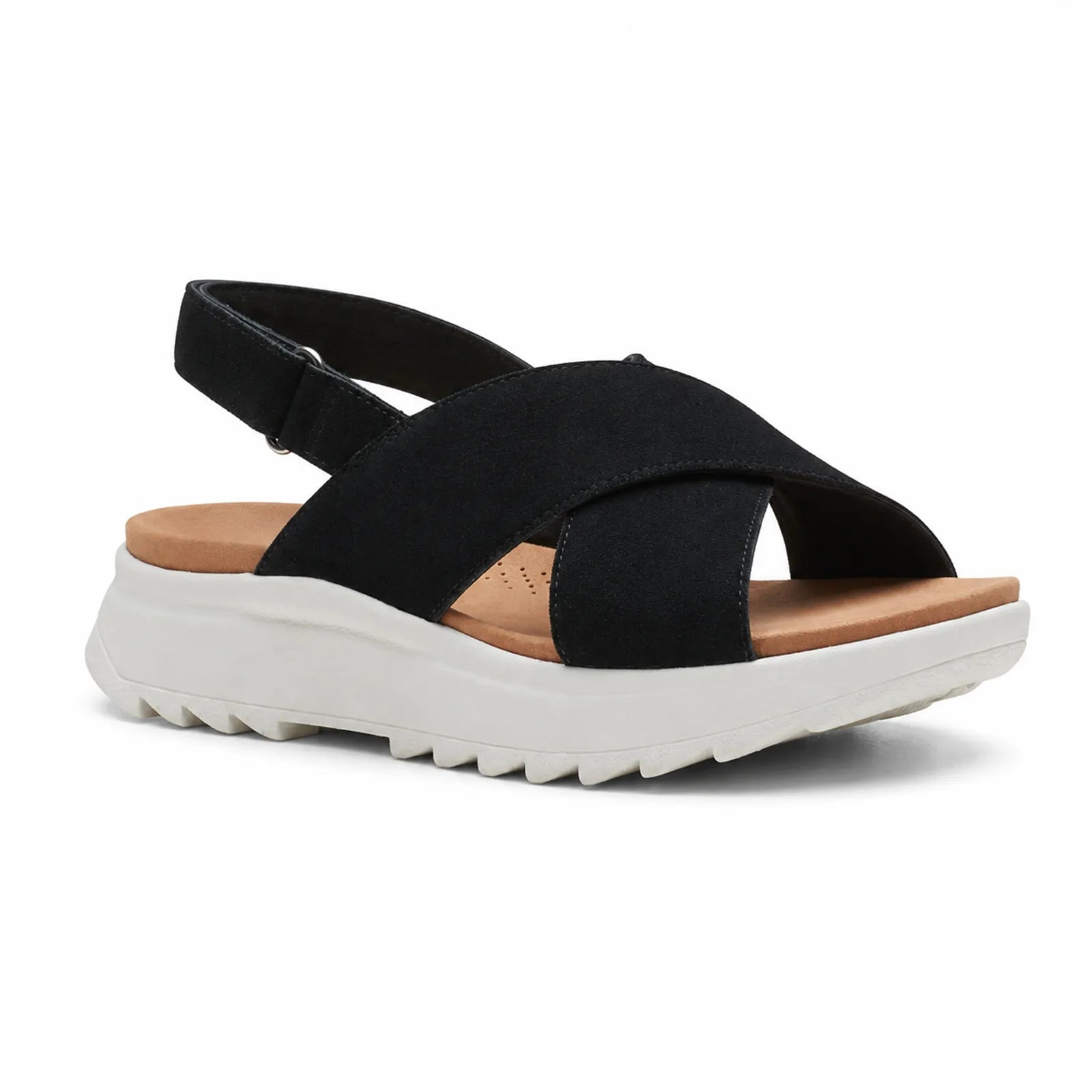 Black suede wedge sandals with cross straps and thick white midsole