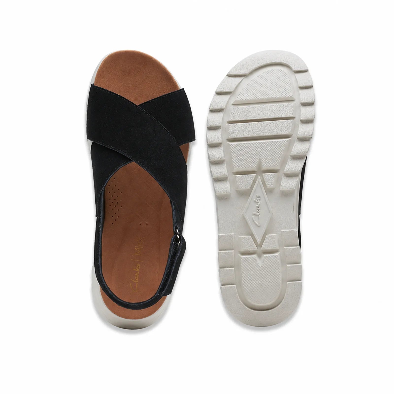 Black suede women’s sandals, showing top view and white rubber grip outsole