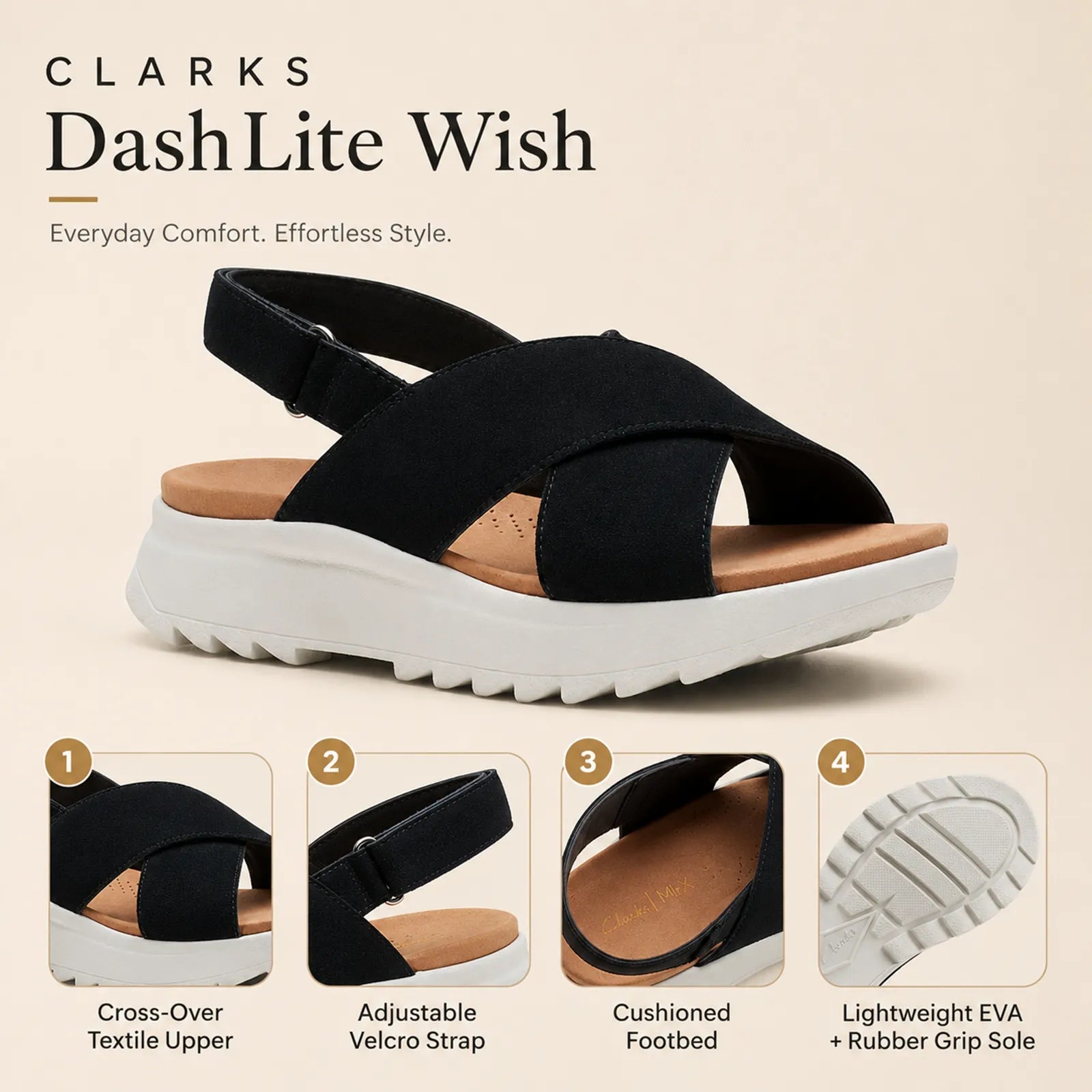 Black suede wedge sandals with Velcro strap and cushioned footbed on white sole