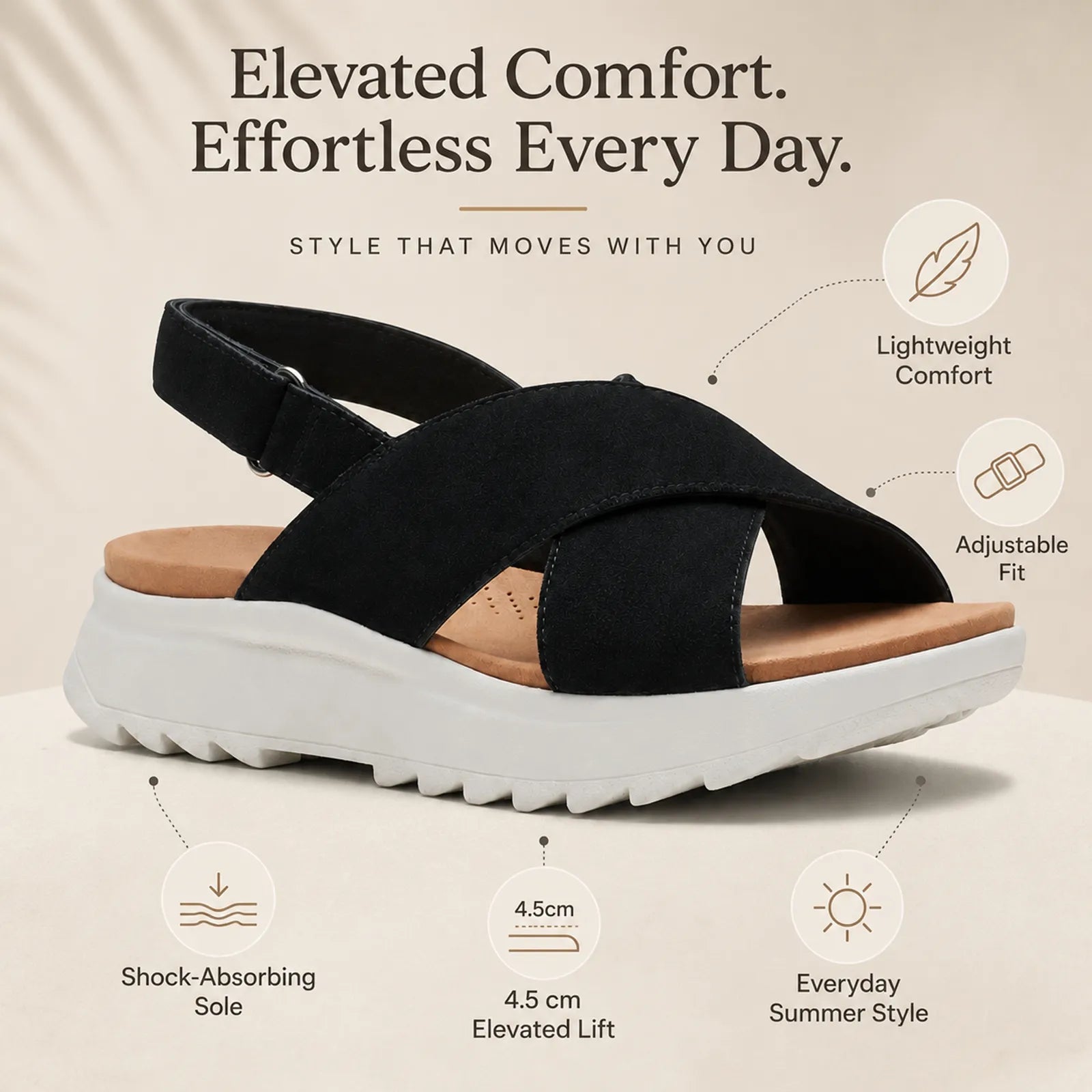 Black suede slip-on sandals with cushioned footbed and lightweight elevated white sole