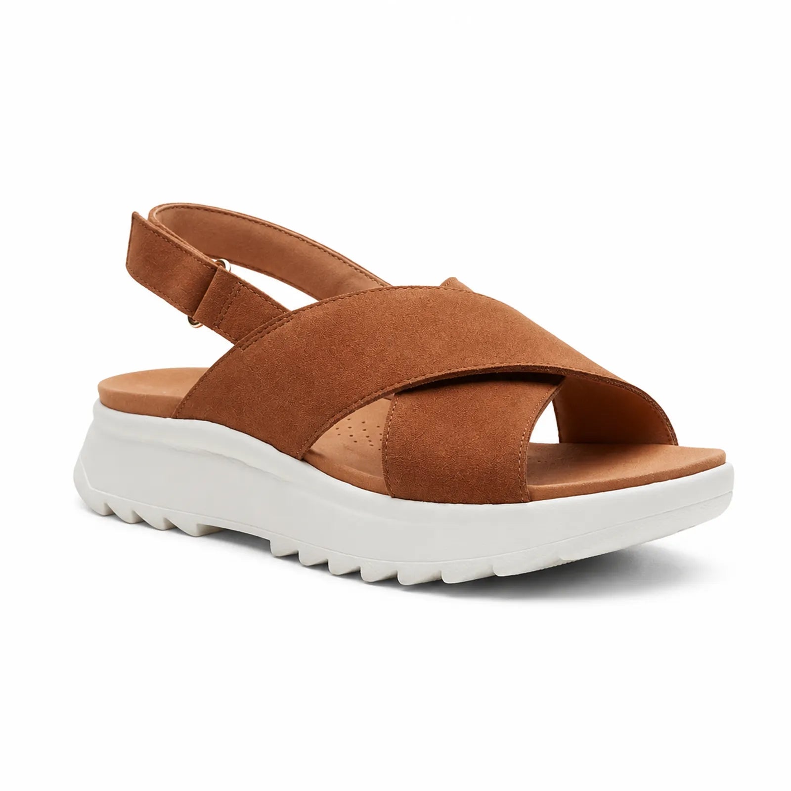 Dark brown suede women’s sandals with wide crossover straps and cushioned white platform