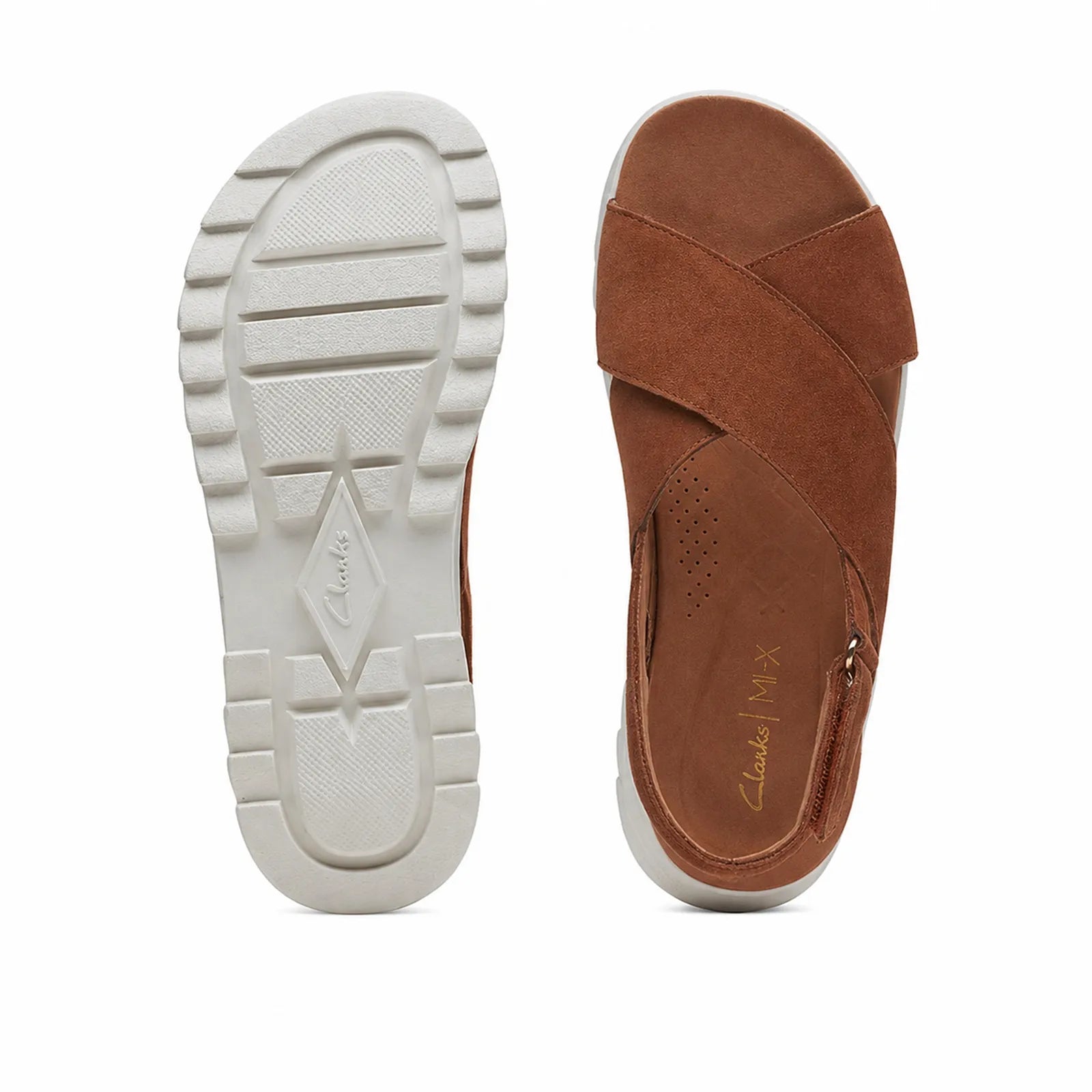 Dark brown suede women’s sandals with top view and white outsole for traction
