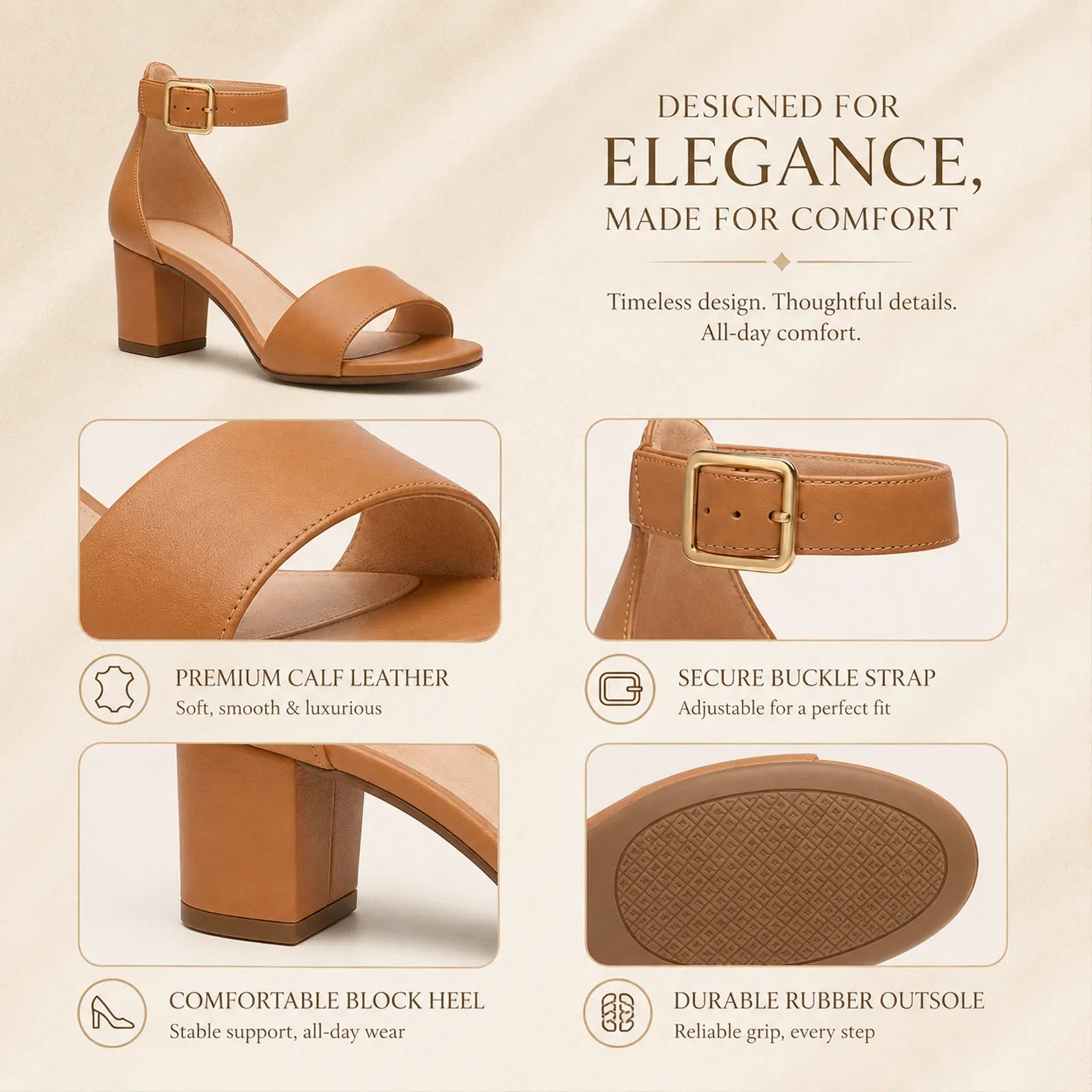 Women's camel leather heeled sandals with ankle strap buckle and block heel