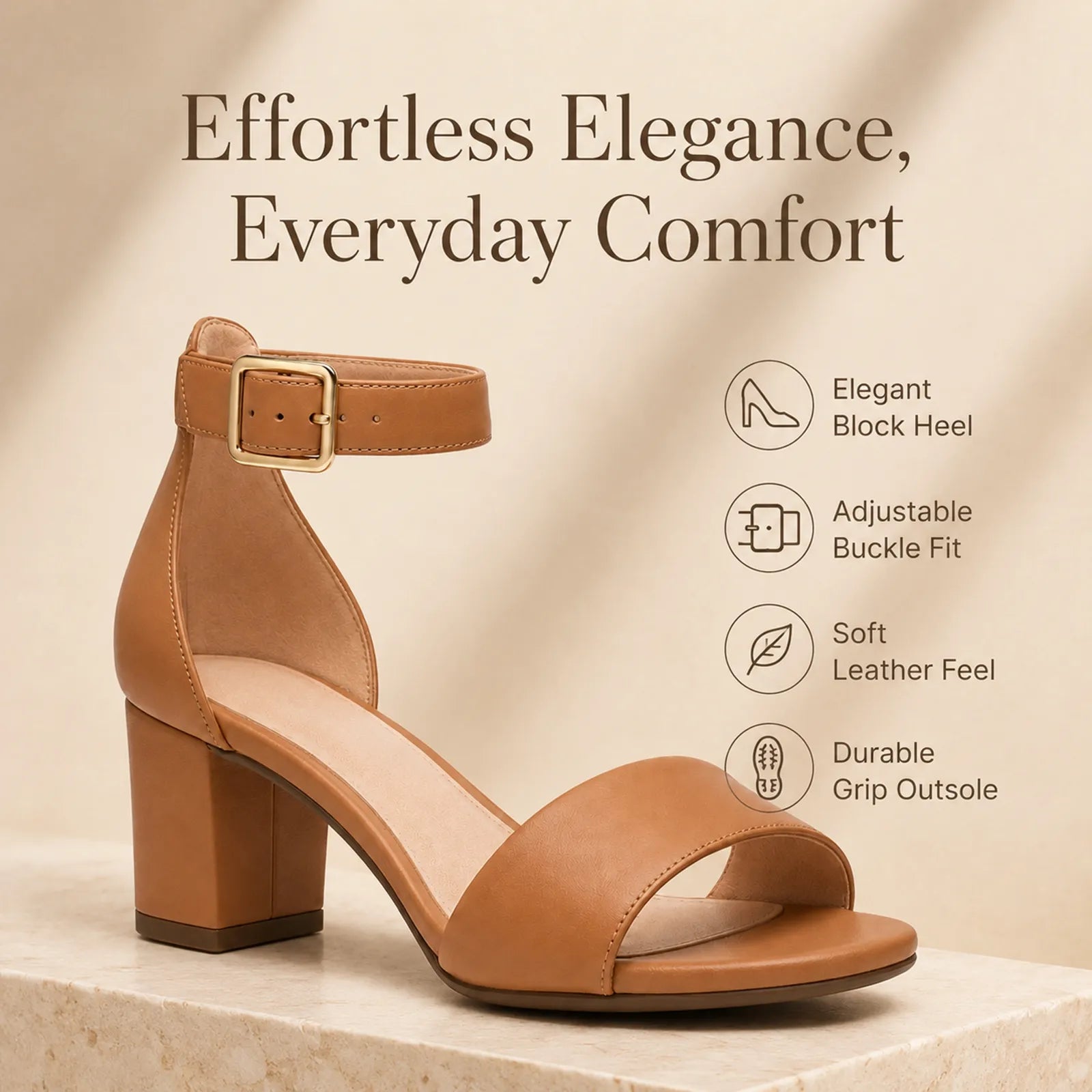 Women's camel leather heeled sandals with ankle strap buckle and open toe