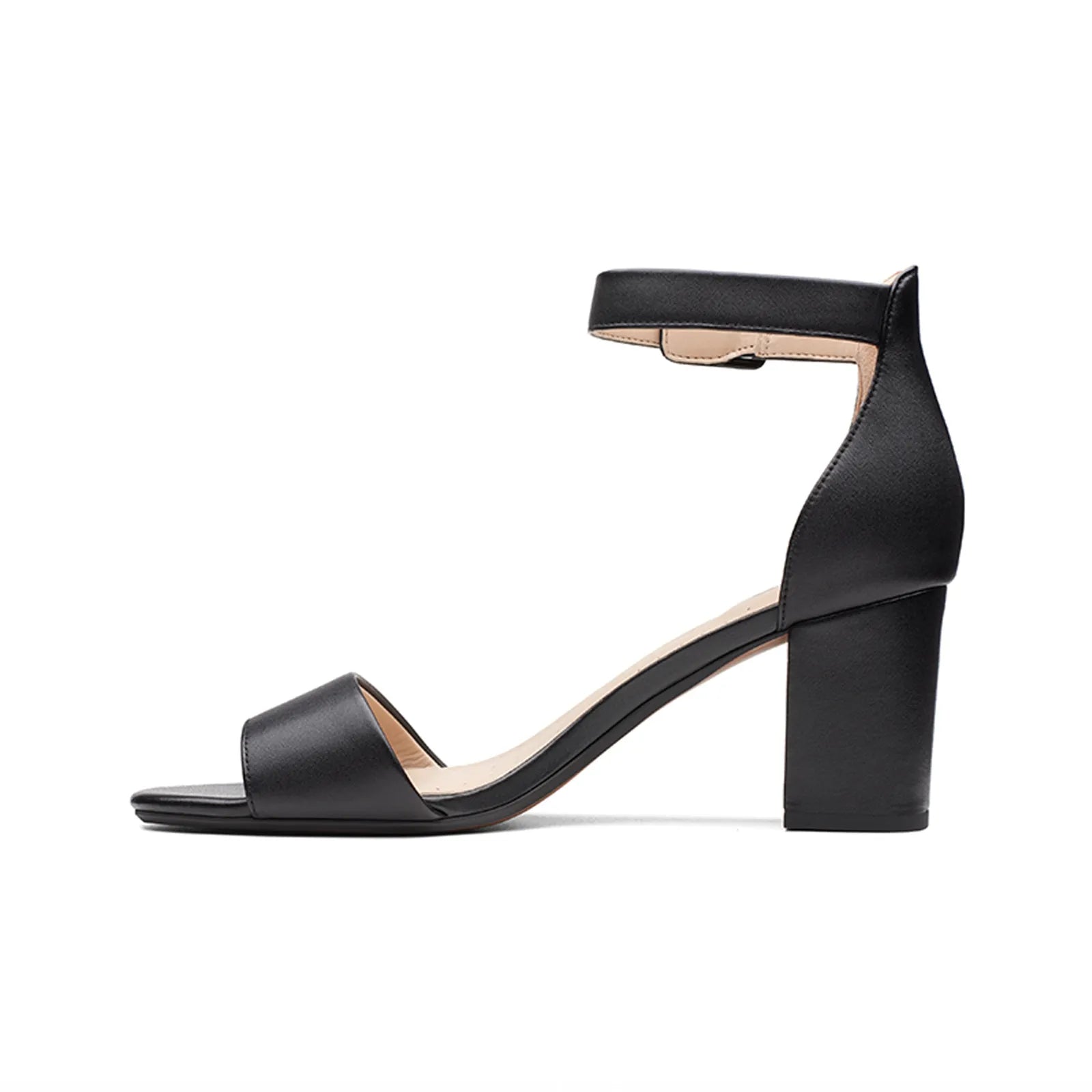 Women's black leather heeled sandals with ankle strap buckle and block heel