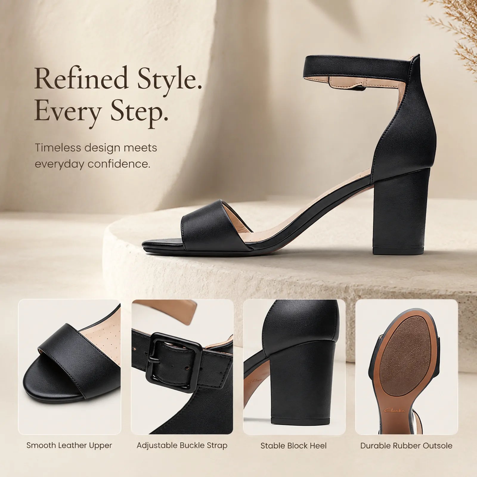 Women's black leather sandals with open toe, ankle strap, adjustable buckle, block heel