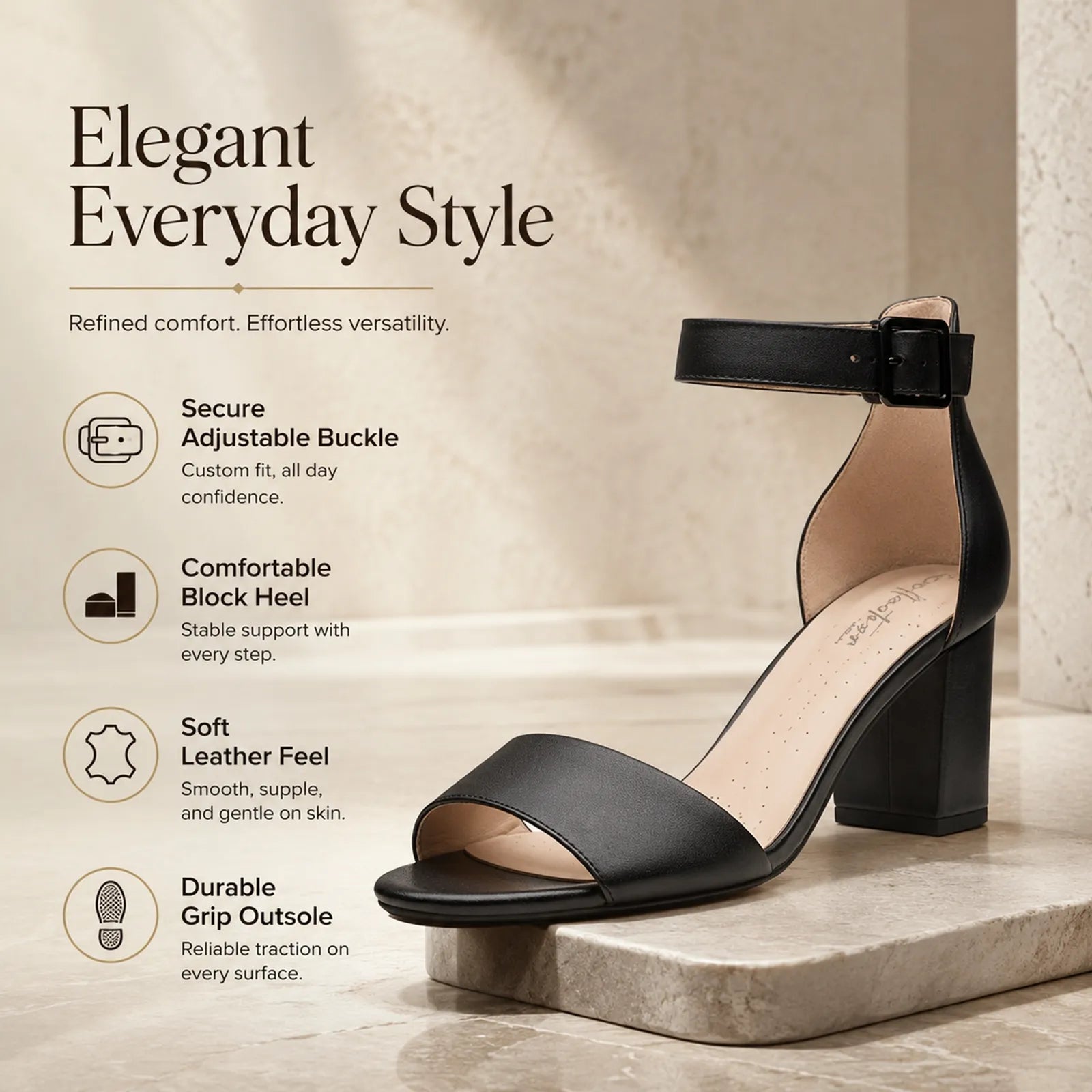 Women's black leather heeled sandals with ankle buckle and durable rubber outsole