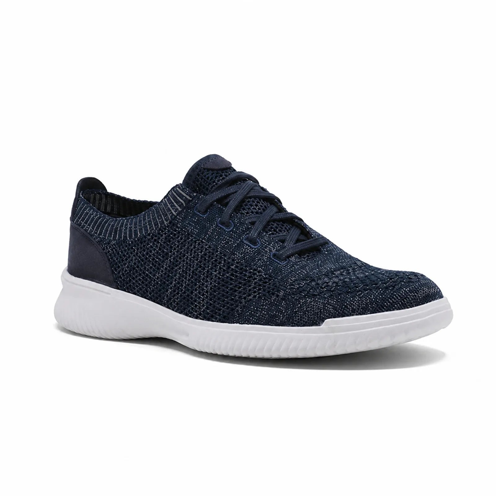 Dark blue knit men's lace-up sneakers with white midsole and rubber sole