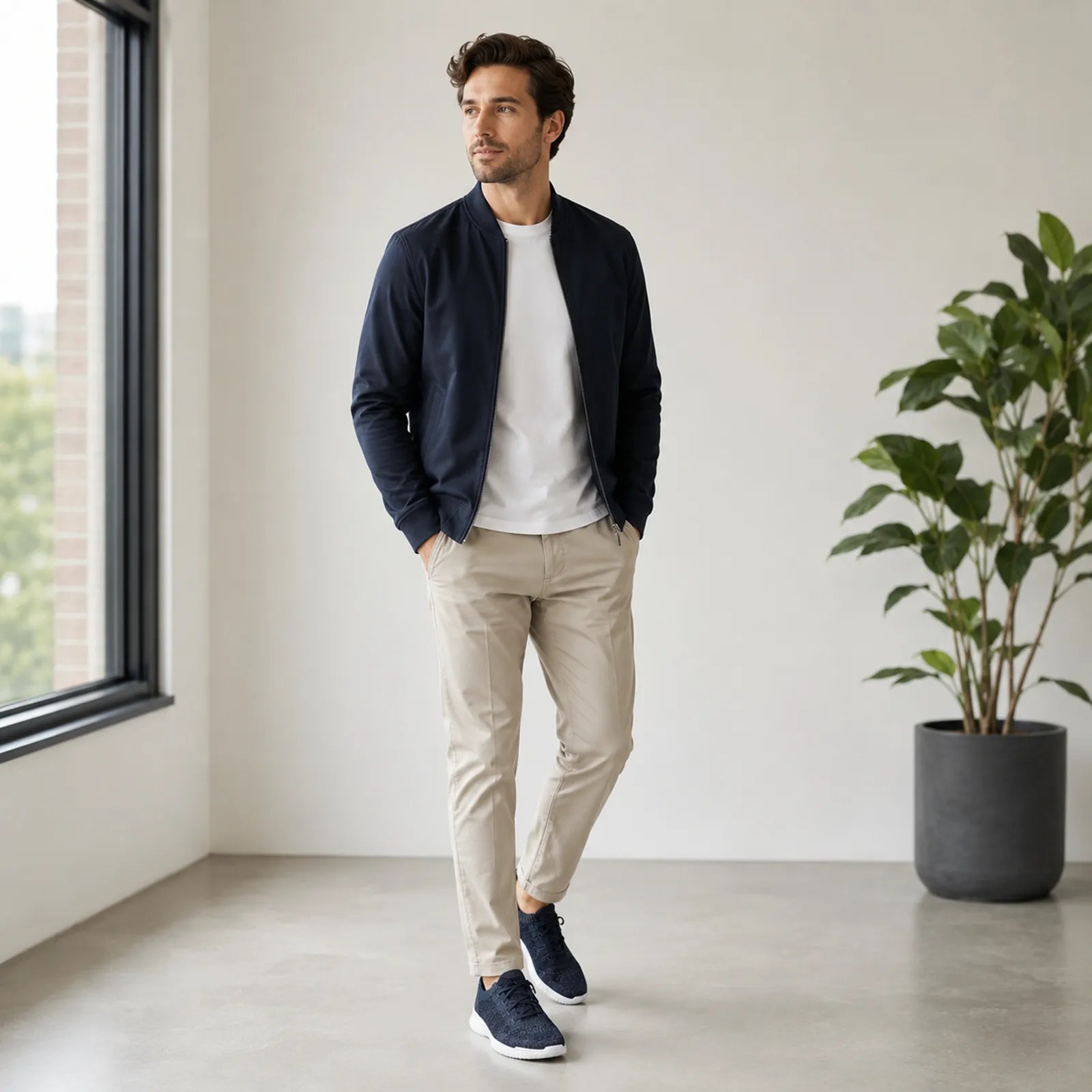 Men's dark knit lace-up sneakers worn with casual outfit and white sole