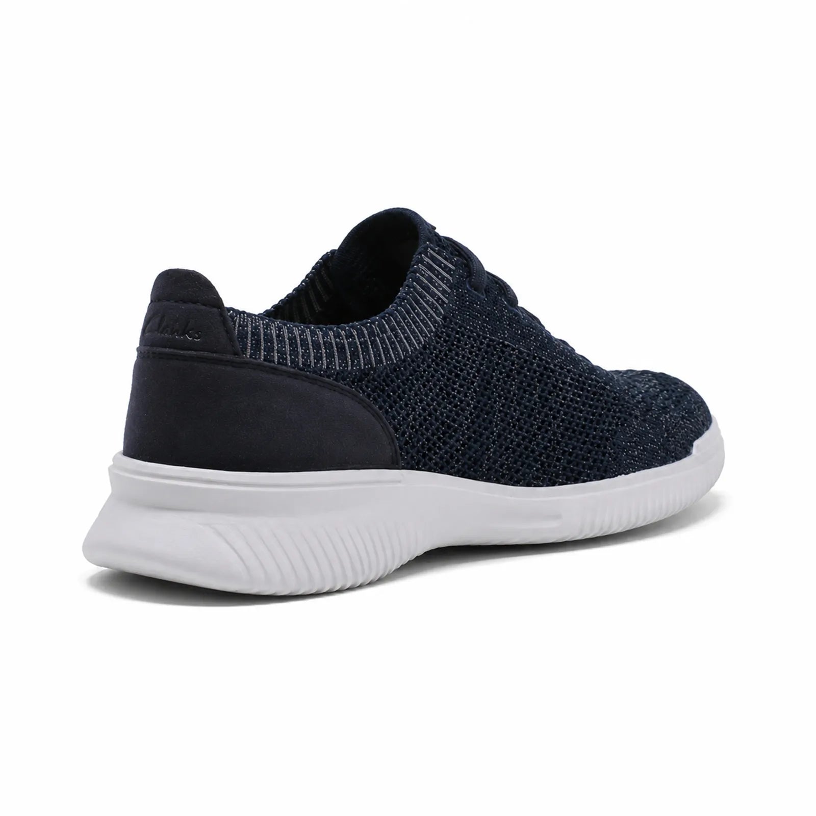 Dark knit sneakers with lace-up upper, black heel panel, and white midsole