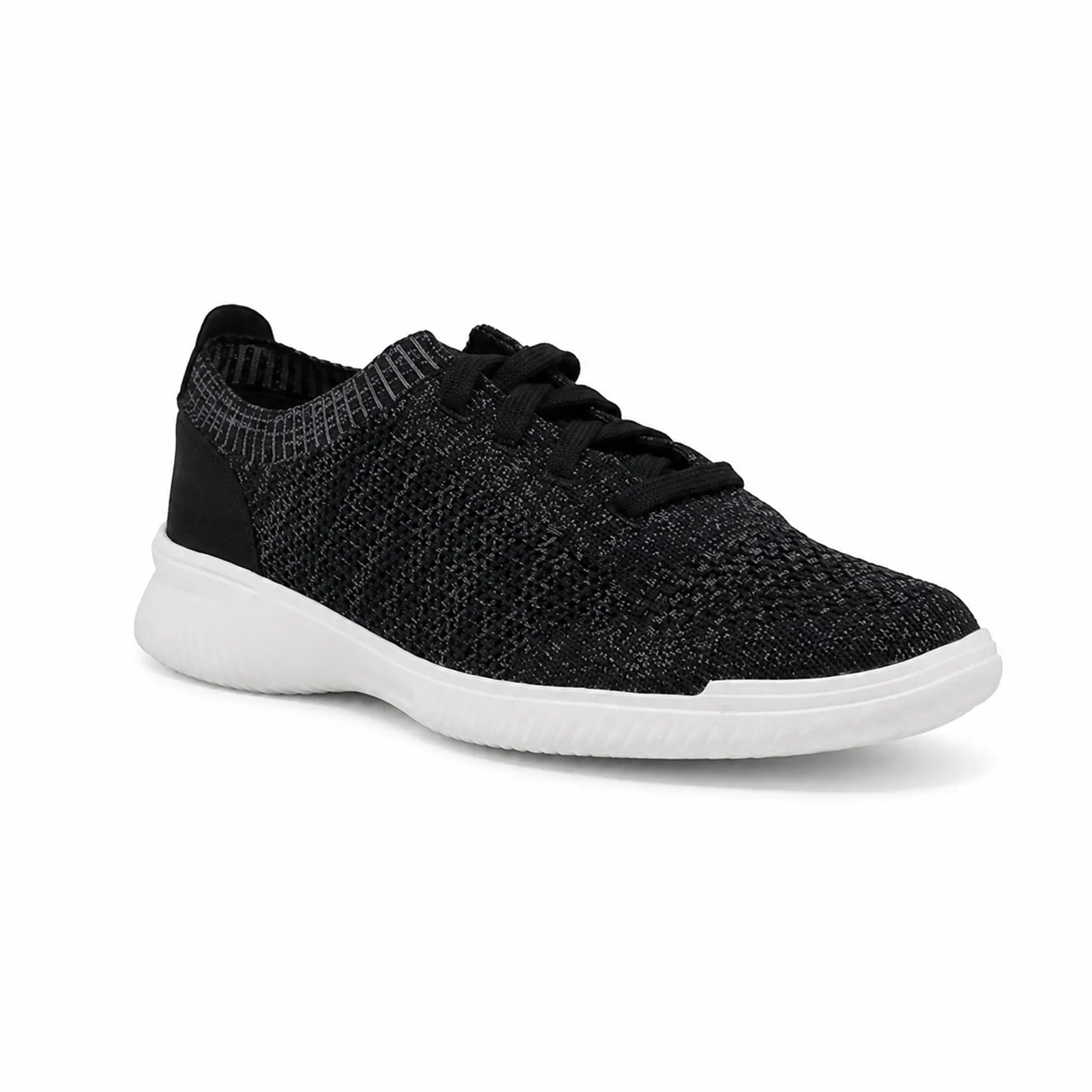 Black knit men's lace-up sneakers with white midsole and rubber outsole