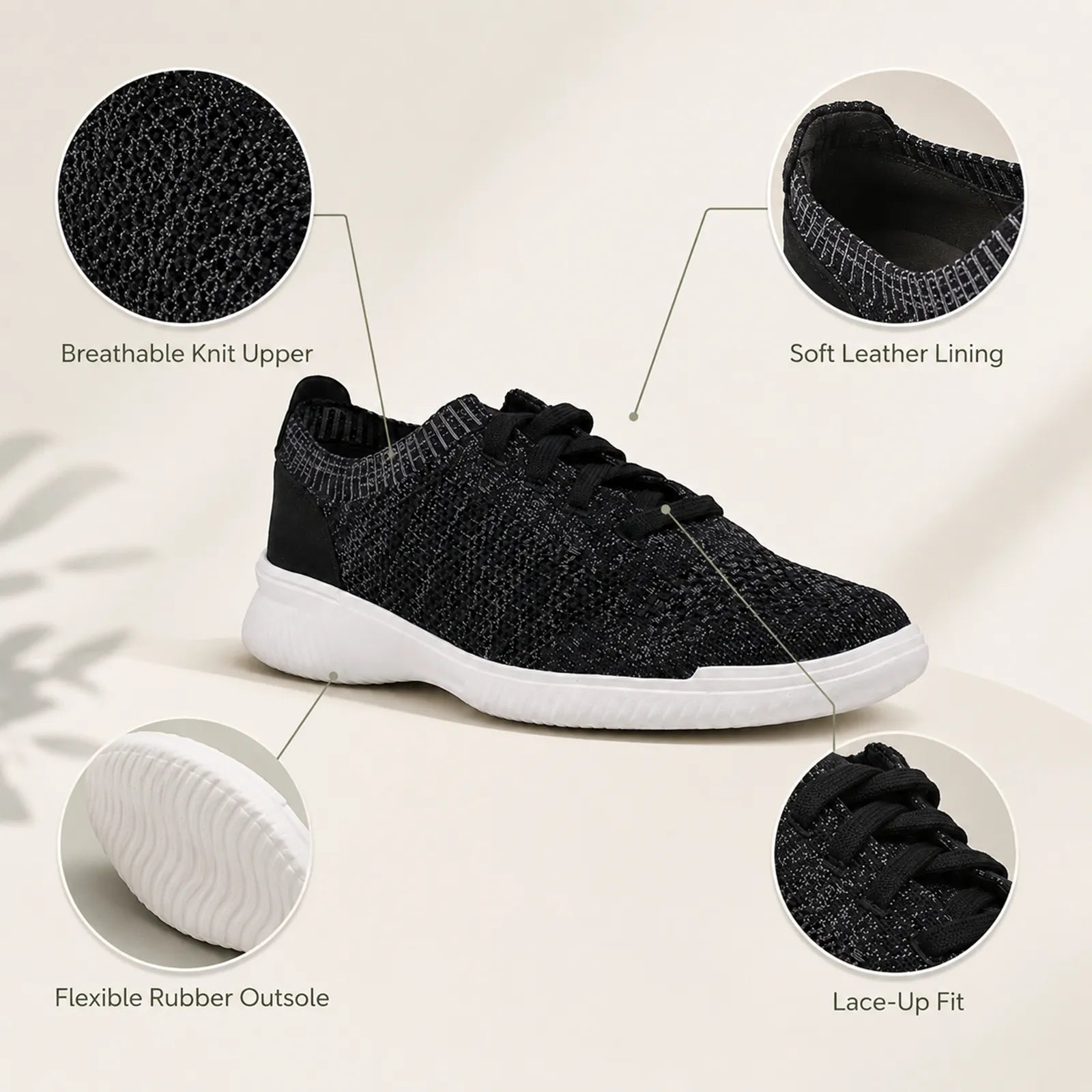 Black knit sneakers shown with soft lining, rubber outsole, and lace-up fit