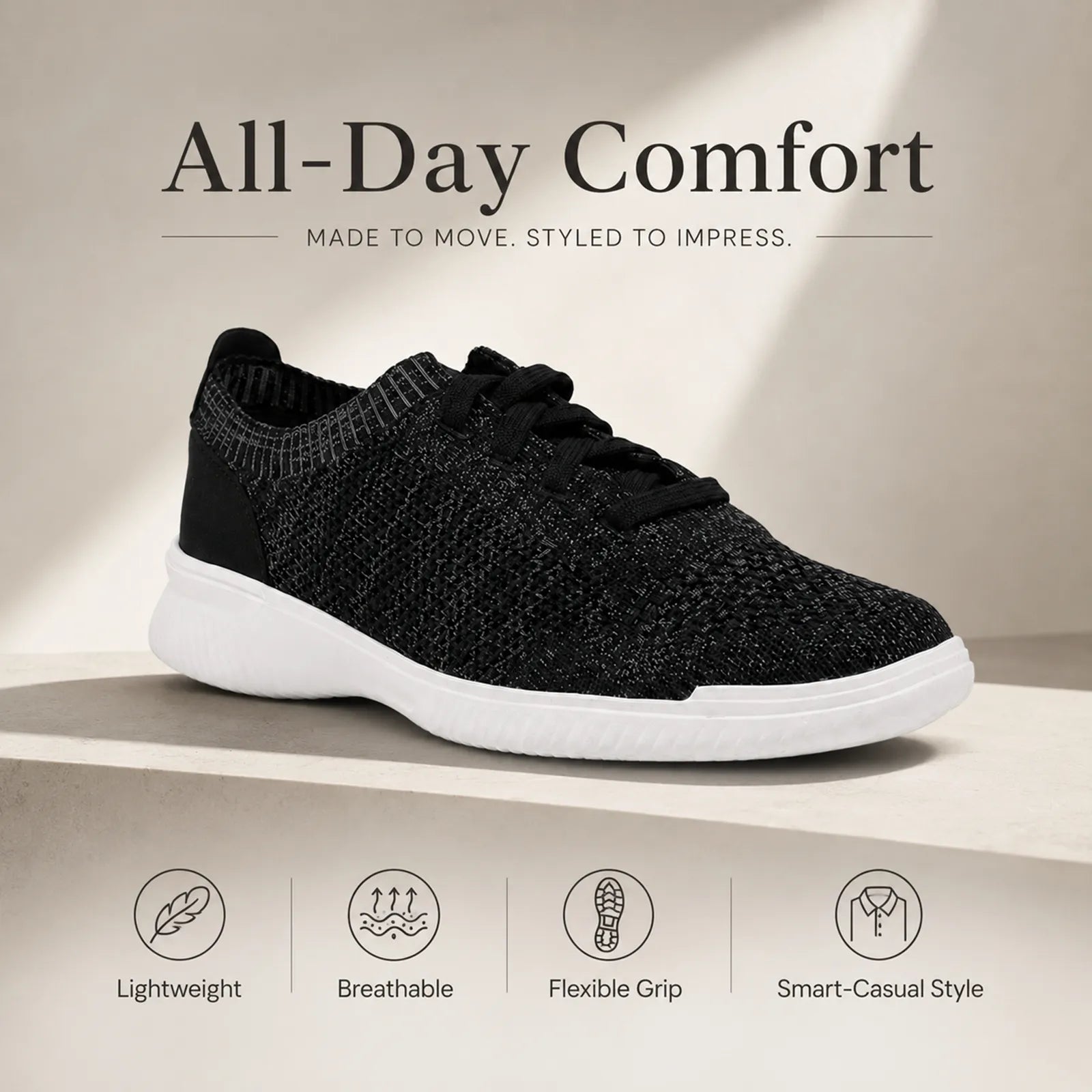 Black knit men's sneakers with lace-up upper and white midsole for everyday wear