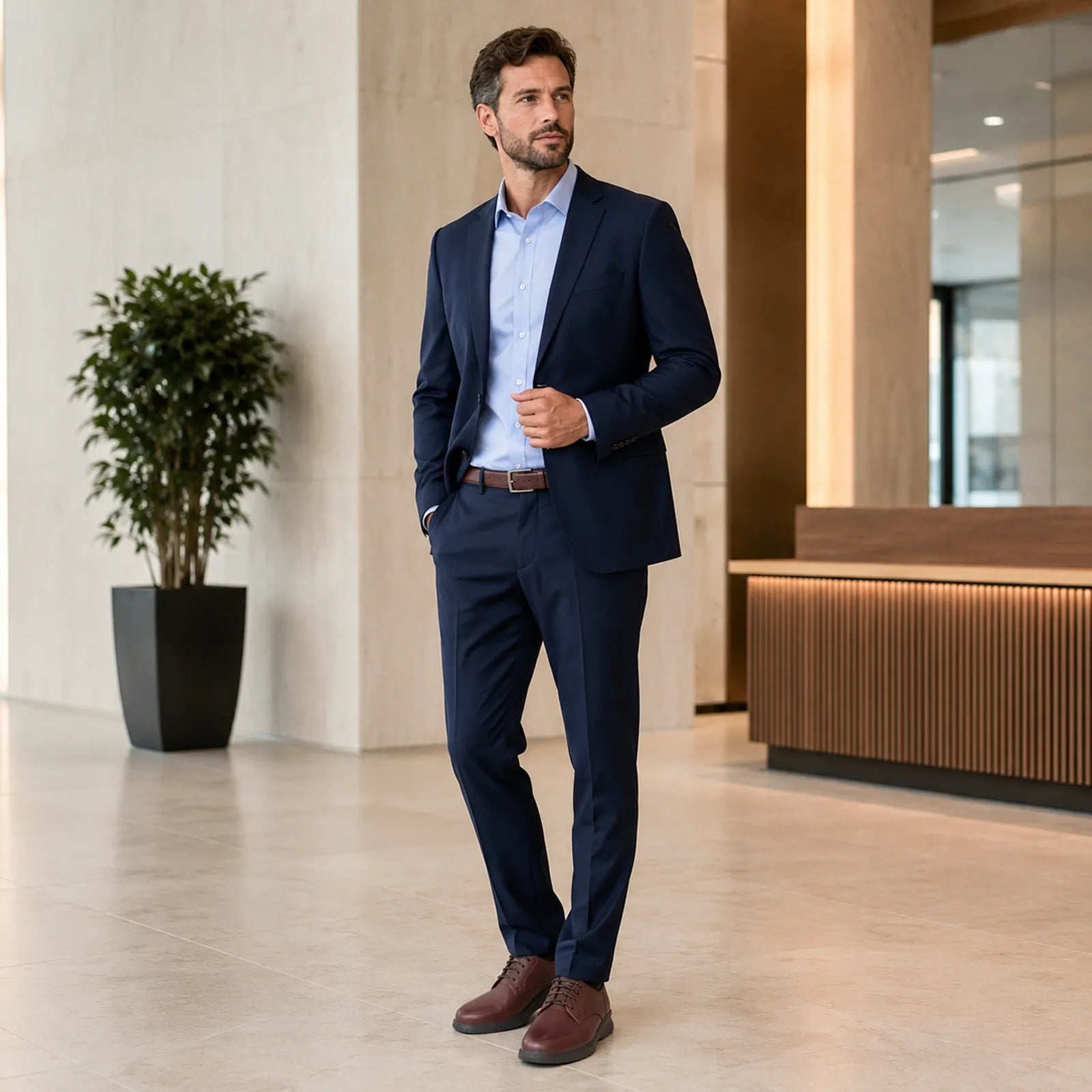 Men’s mahogany lace-up business shoes worn with dark trousers