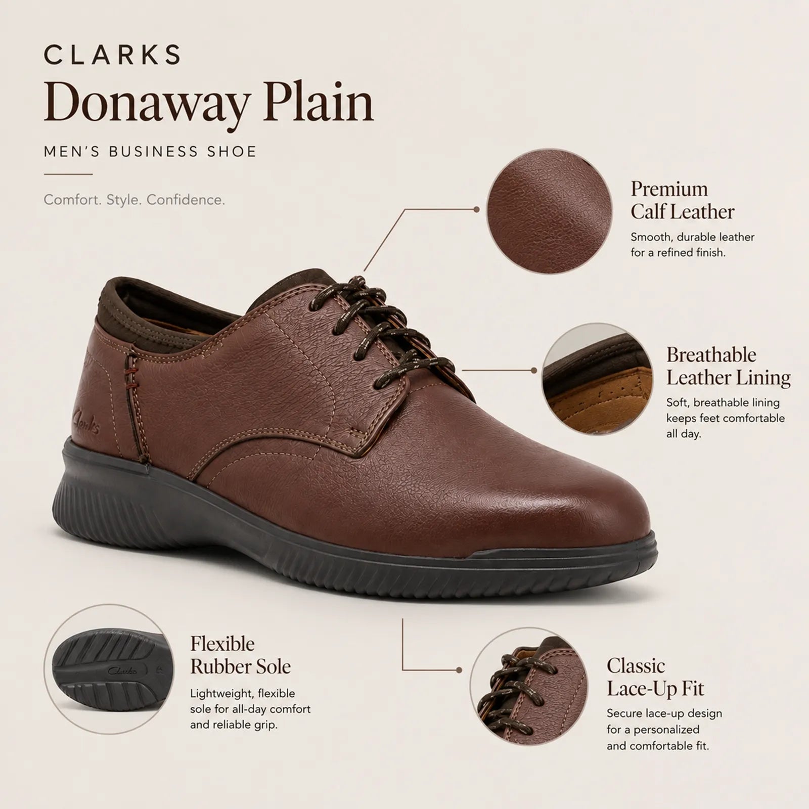 Mahogany leather men’s lace-up business shoe, front view