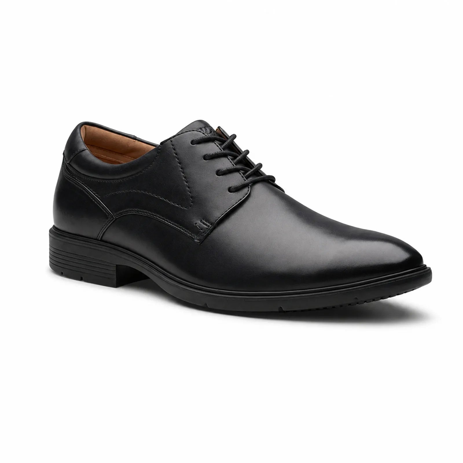 Men's black leather oxford-style business shoe, lace-up with plain toe