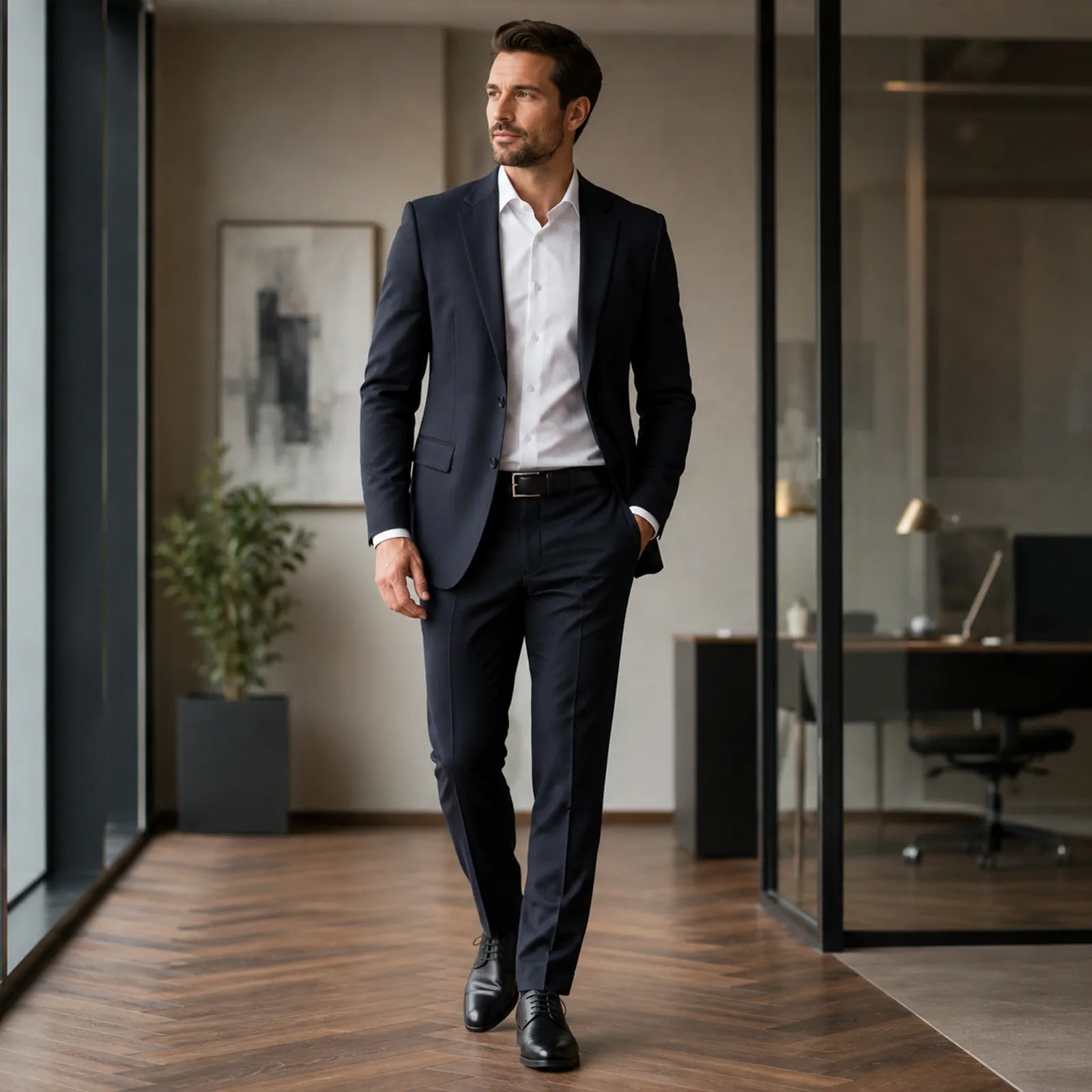 Men's black leather dress shoe, lace-up worn with dark suit trousers