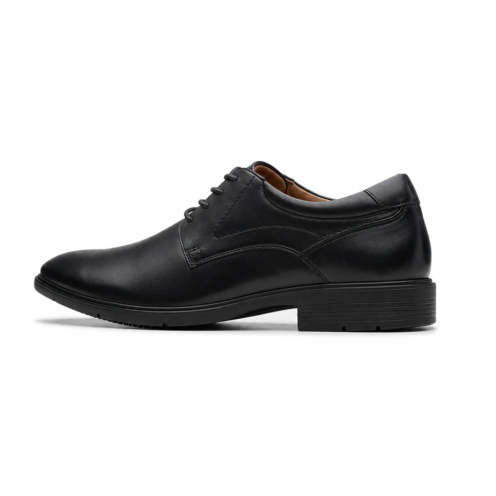 Men's black leather lace-up business shoe, side profile with plain cap toe