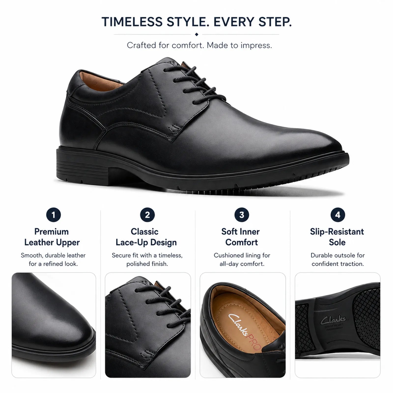 Men's black leather lace-up dress shoe, plain cap toe and low profile sole