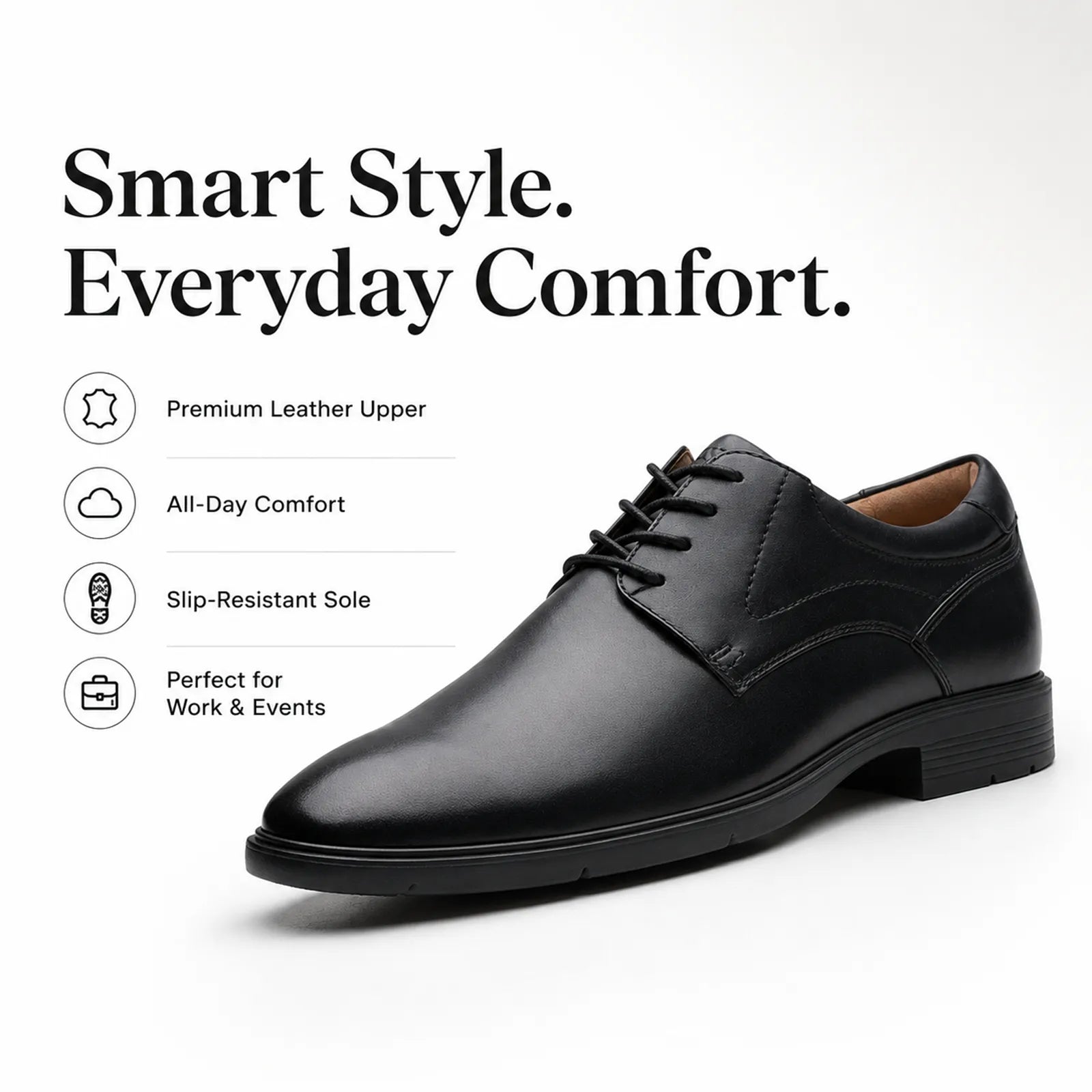 Men's black leather lace-up dress shoe with low block heel and stitch detailing