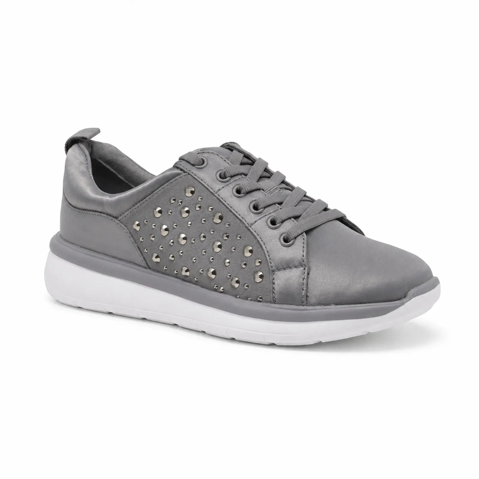 Grey metallic women's sneakers with rhinestone-style studded panel and lace-up front.
