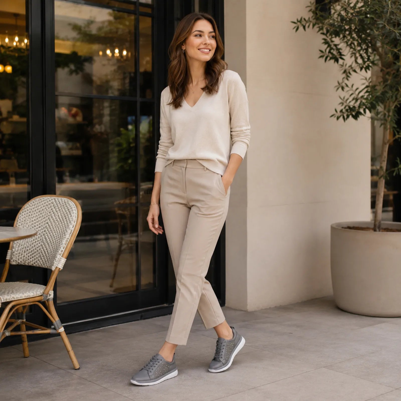 Grey lace-up sneakers with studded panel, styled with light beige trousers.
