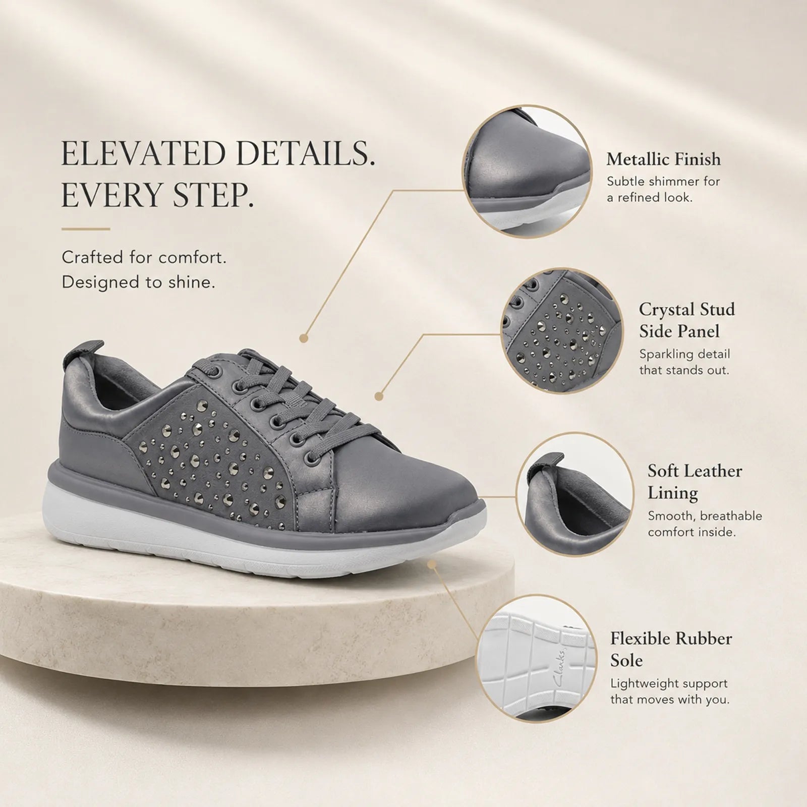 Women’s lace-up sneakers with studded metallic side panel and cushioned white sole